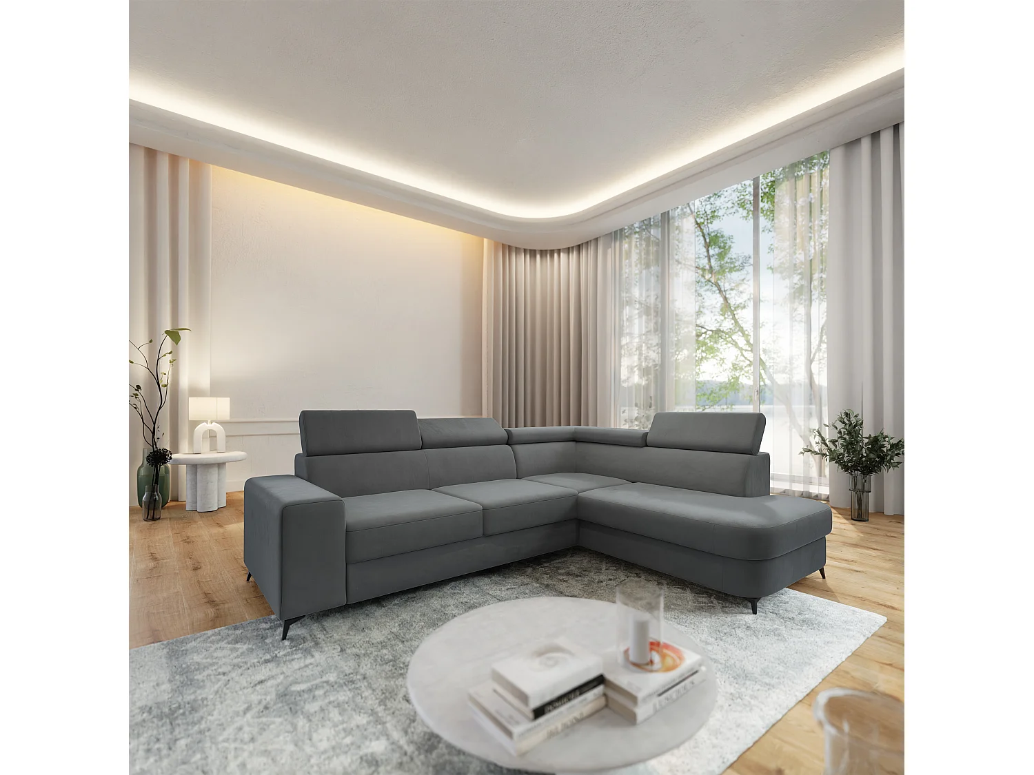 Hoekbank ALVORO van fluweel met slaapfunctie Grau