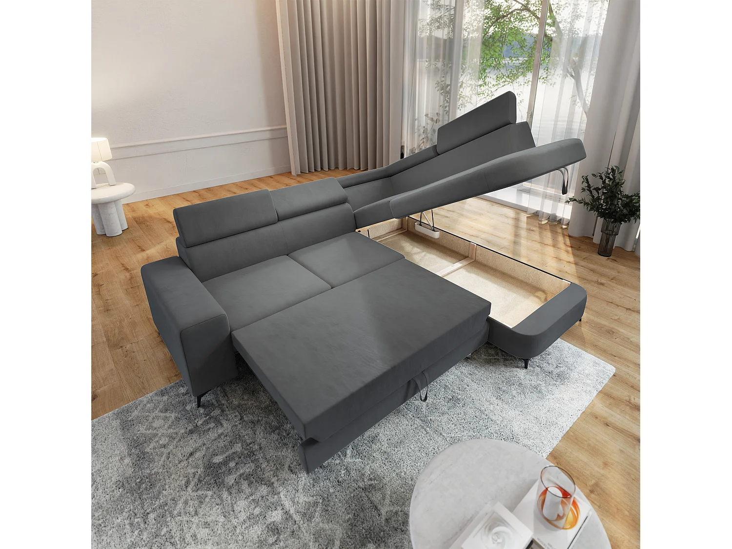 Hoekbank ALVORO van fluweel met slaapfunctie Grau