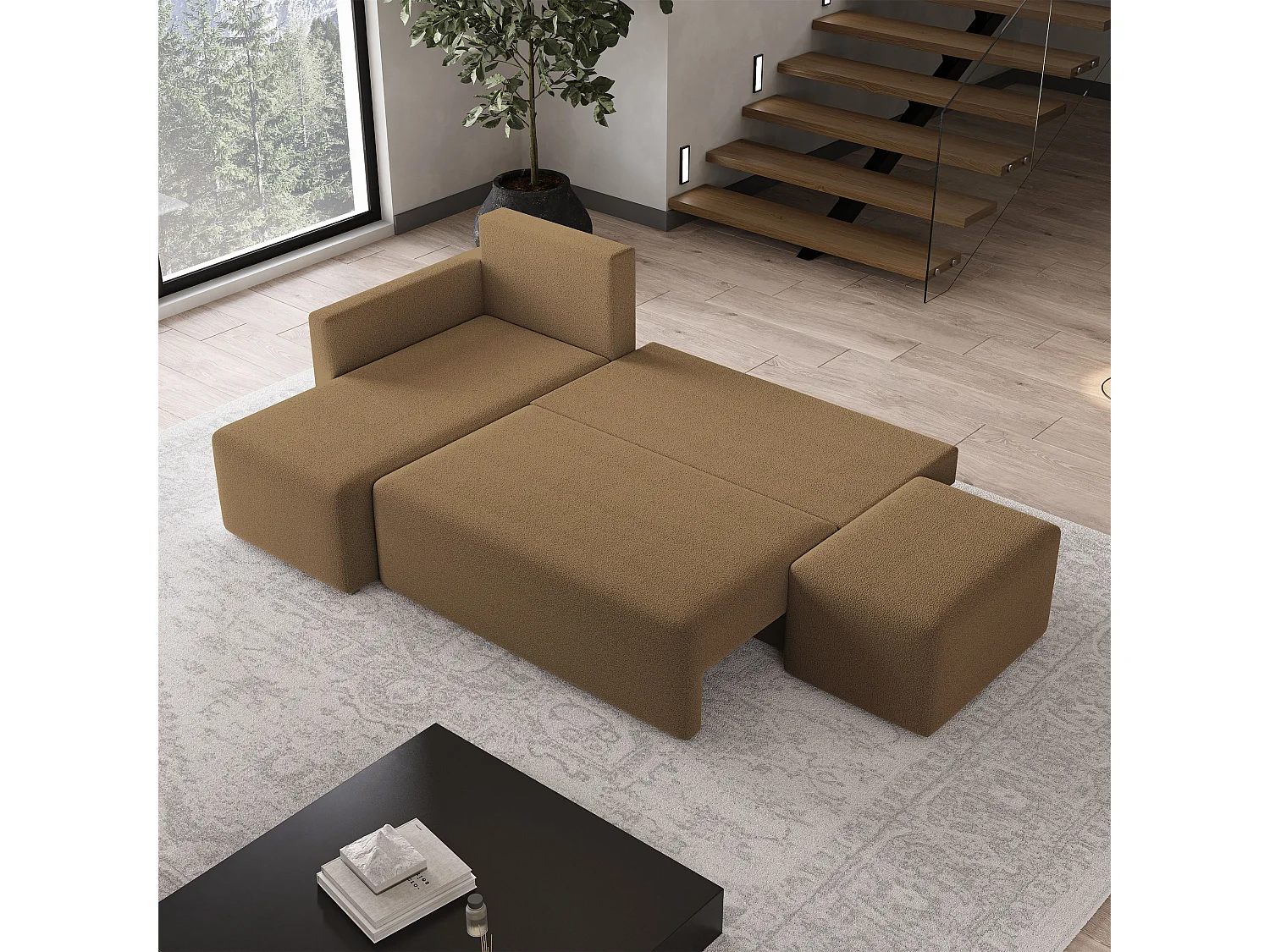 Hoekbank VELOTTI van fluweel met slaapfunctie Orange