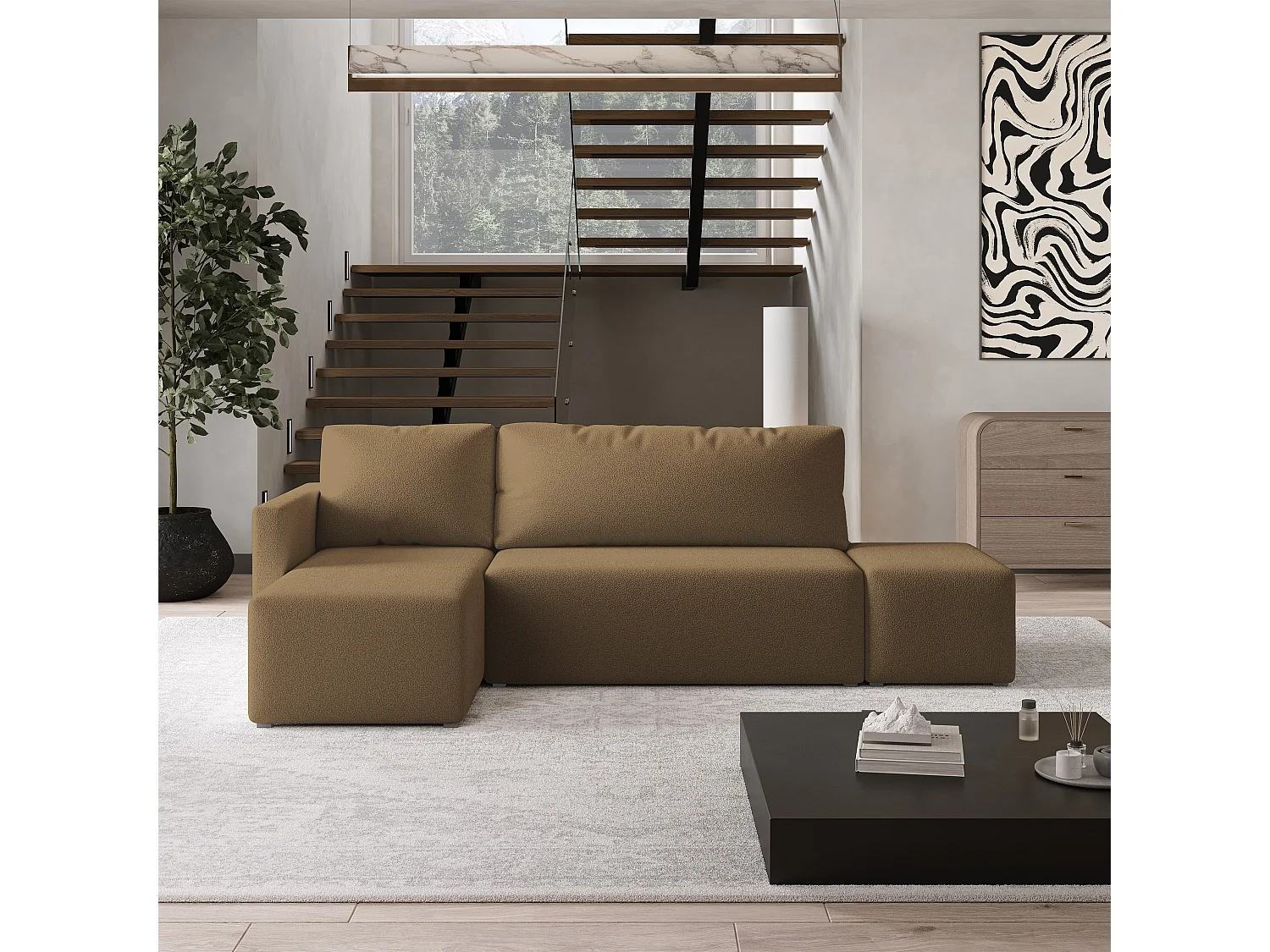 Hoekbank VELOTTI van fluweel met slaapfunctie Orange