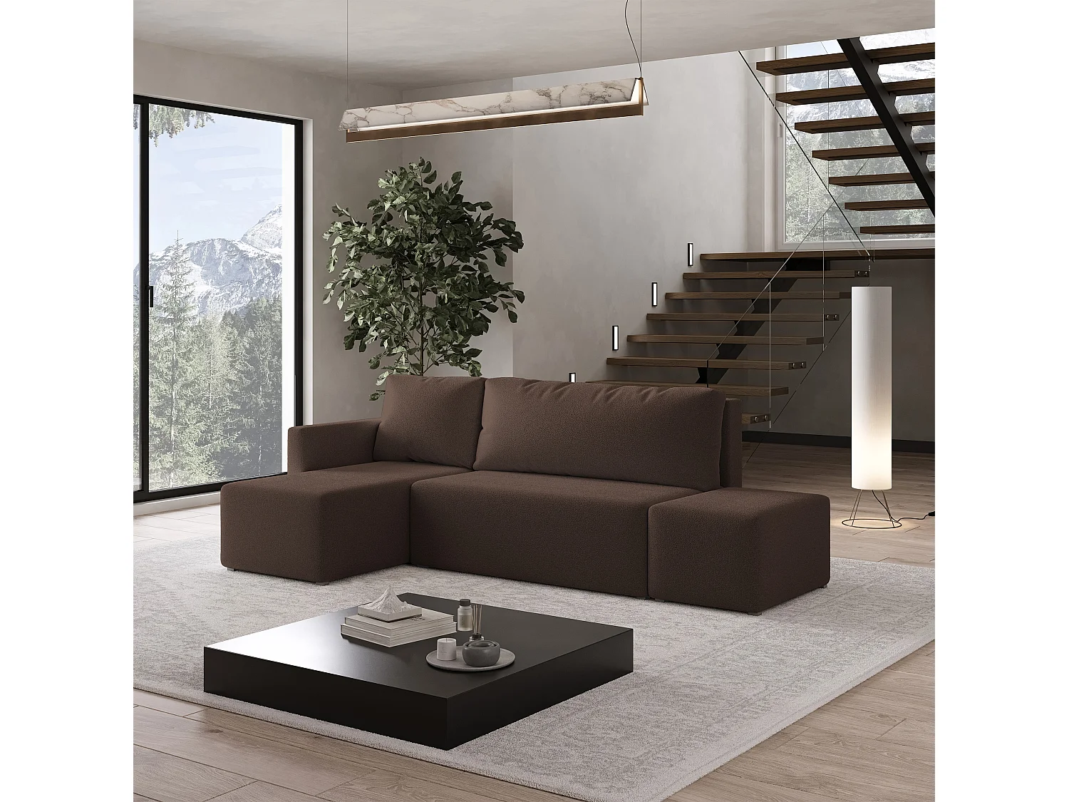 Hoekbank VELOTTI van fluweel met slaapfunctie Braun