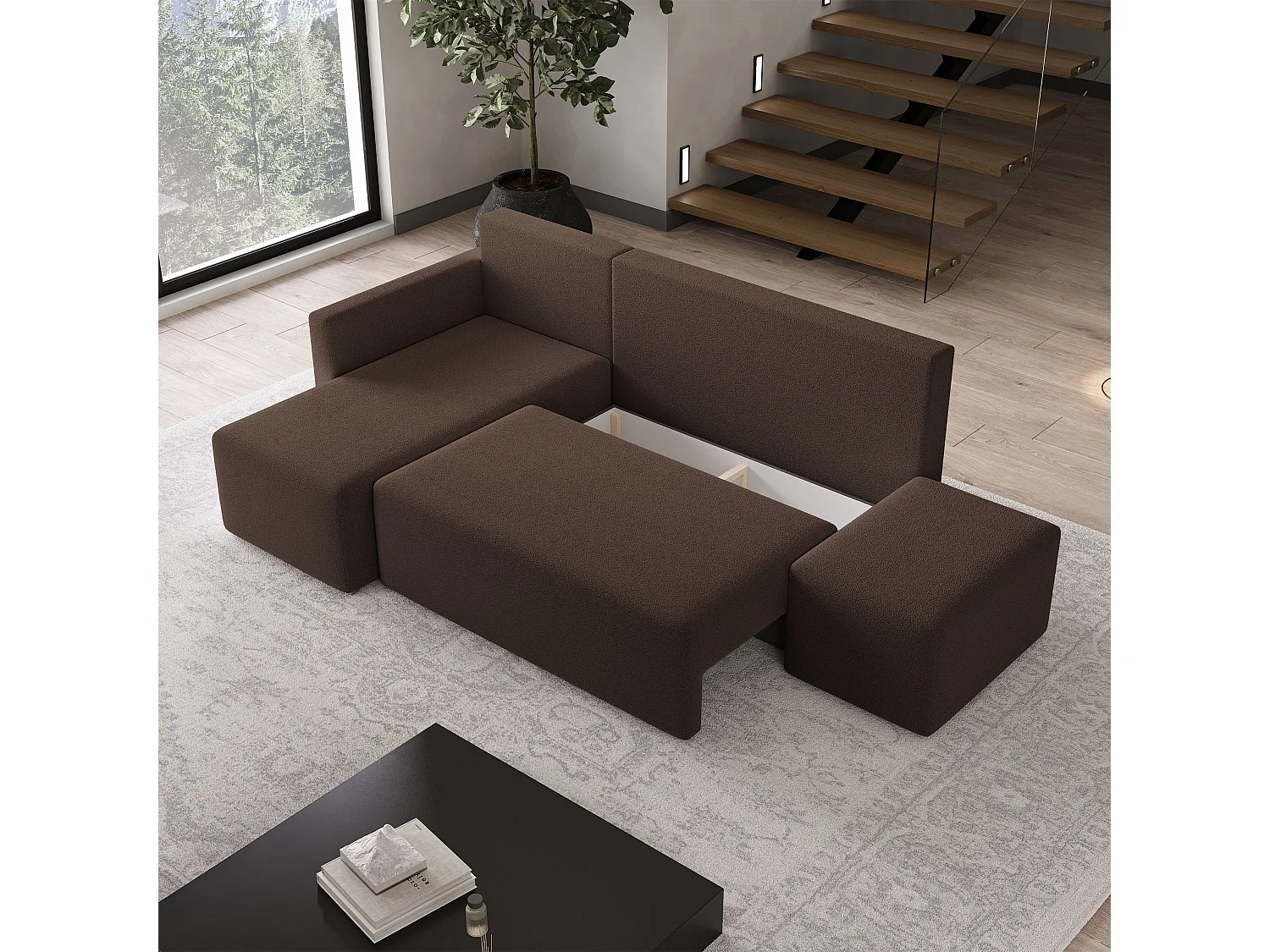 Hoekbank VELOTTI van fluweel met slaapfunctie Braun