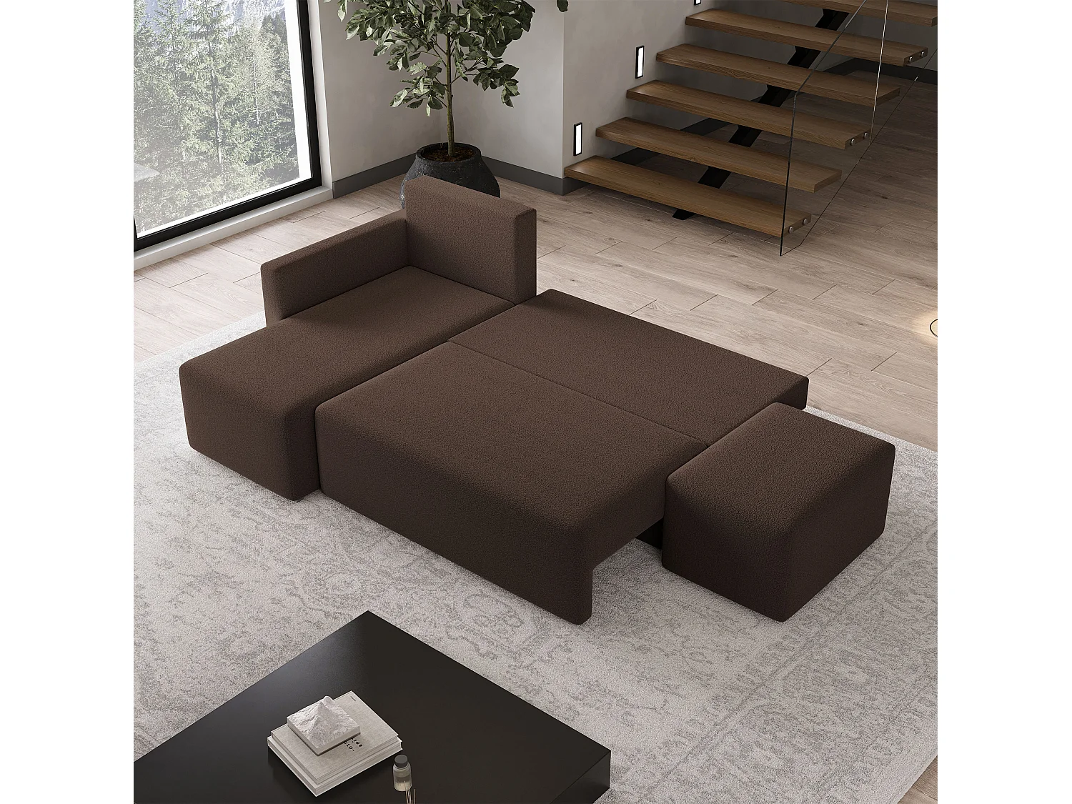 Hoekbank VELOTTI van fluweel met slaapfunctie Braun