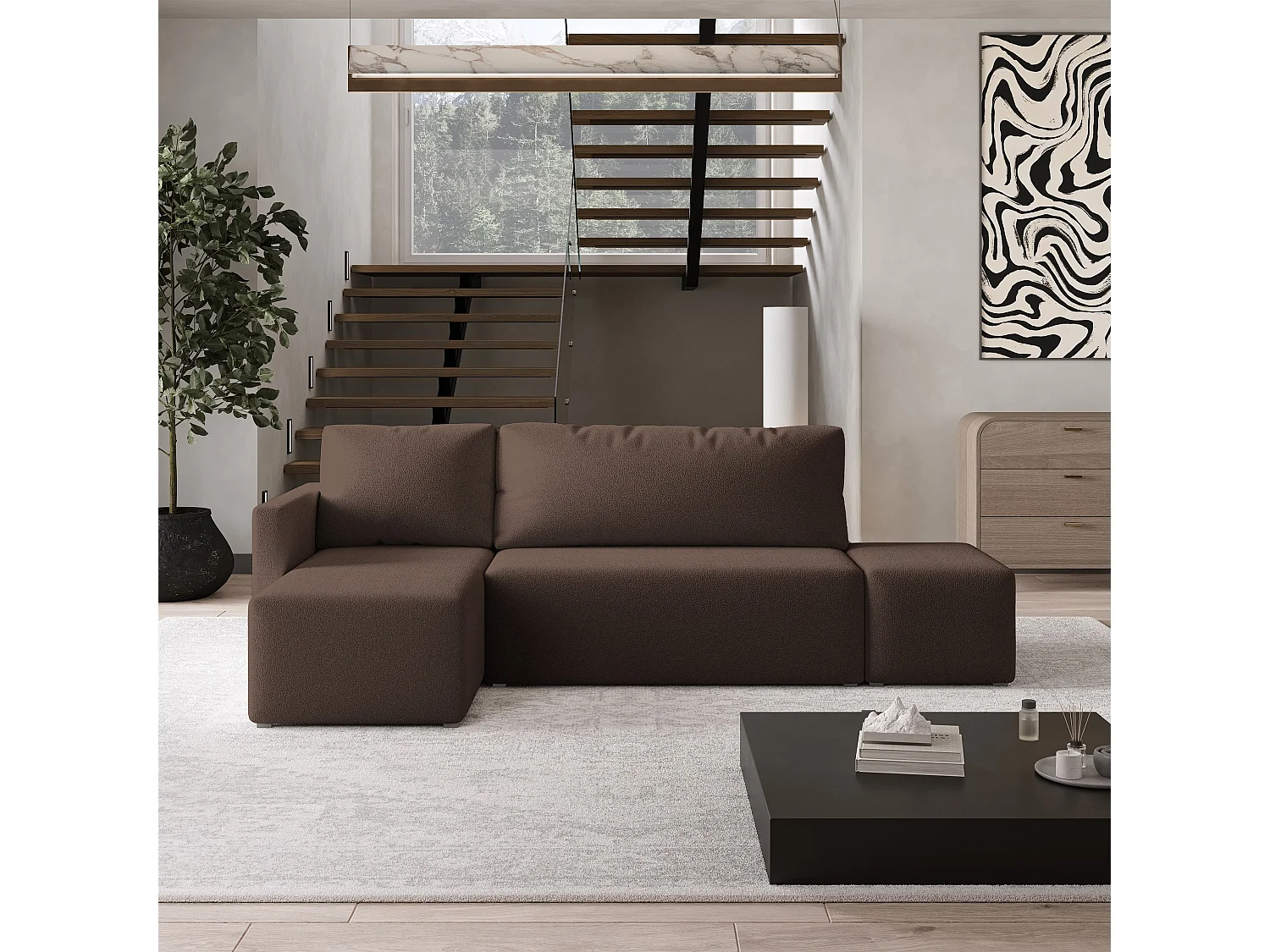 Hoekbank VELOTTI van fluweel met slaapfunctie Braun