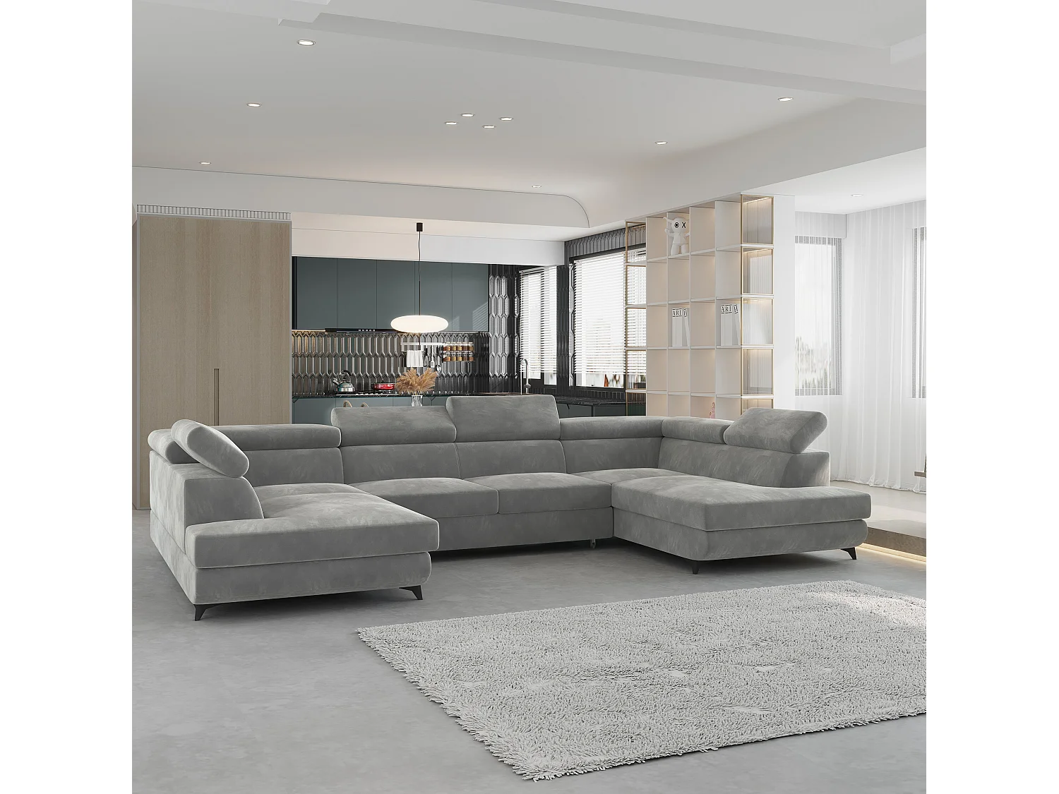 Canapé d'angle VINTESSA Gris clair en velours avec fonction de couchage