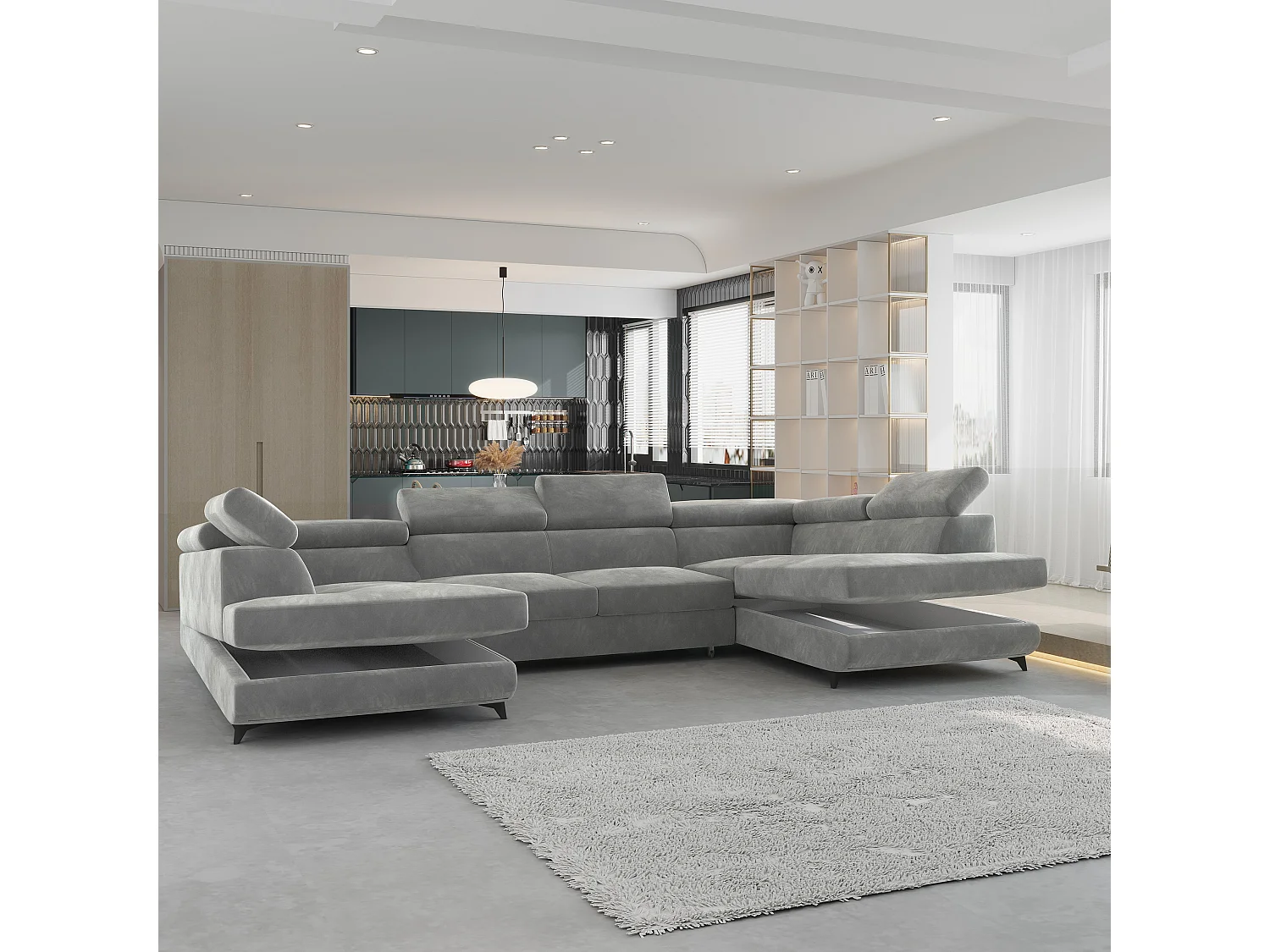 Canapé d'angle VINTESSA Gris clair en velours avec fonction de couchage