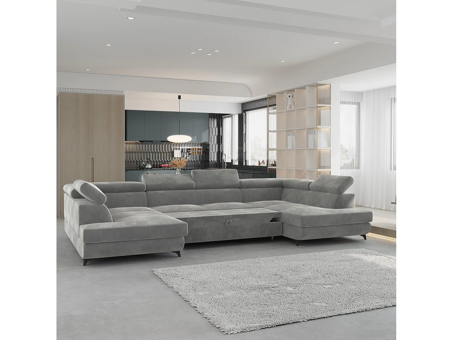 Canapé d'angle VINTESSA Gris clair en velours avec fonction de couchage