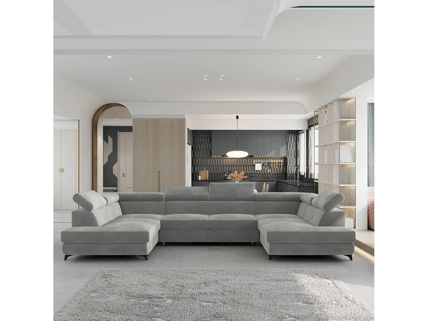 Canapé d'angle VINTESSA Gris clair en velours avec fonction de couchage