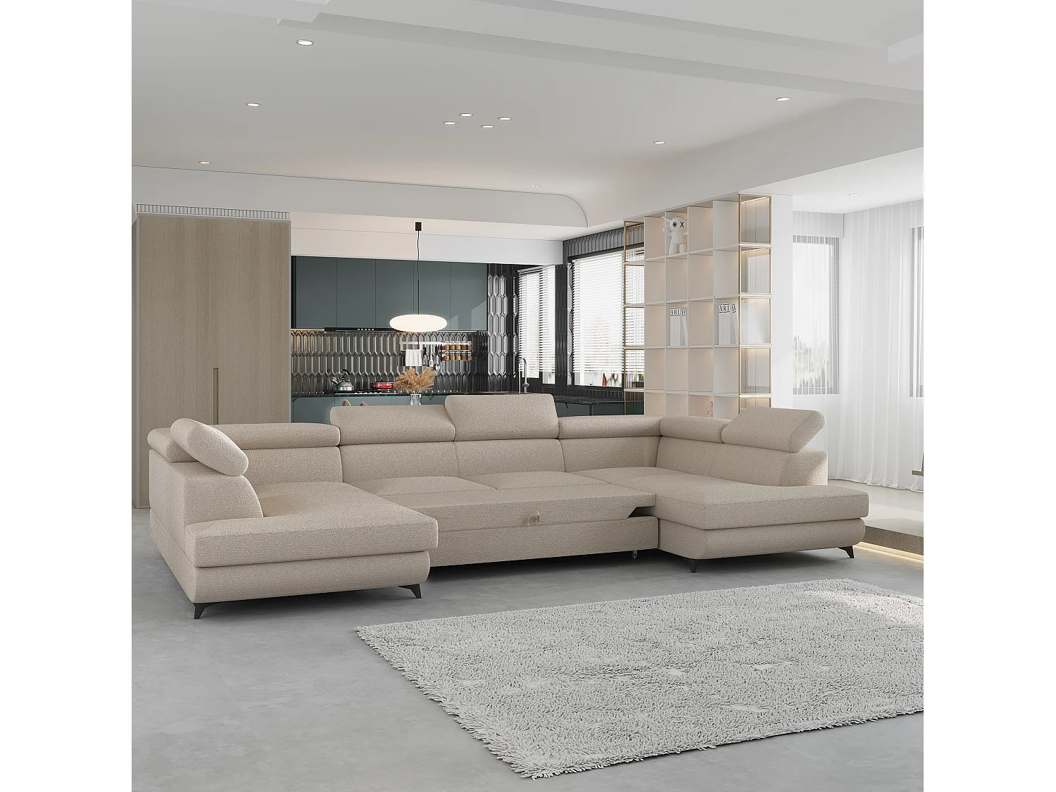 Hoekbank VINTESSA van fluweel met slaapfunctie Beige