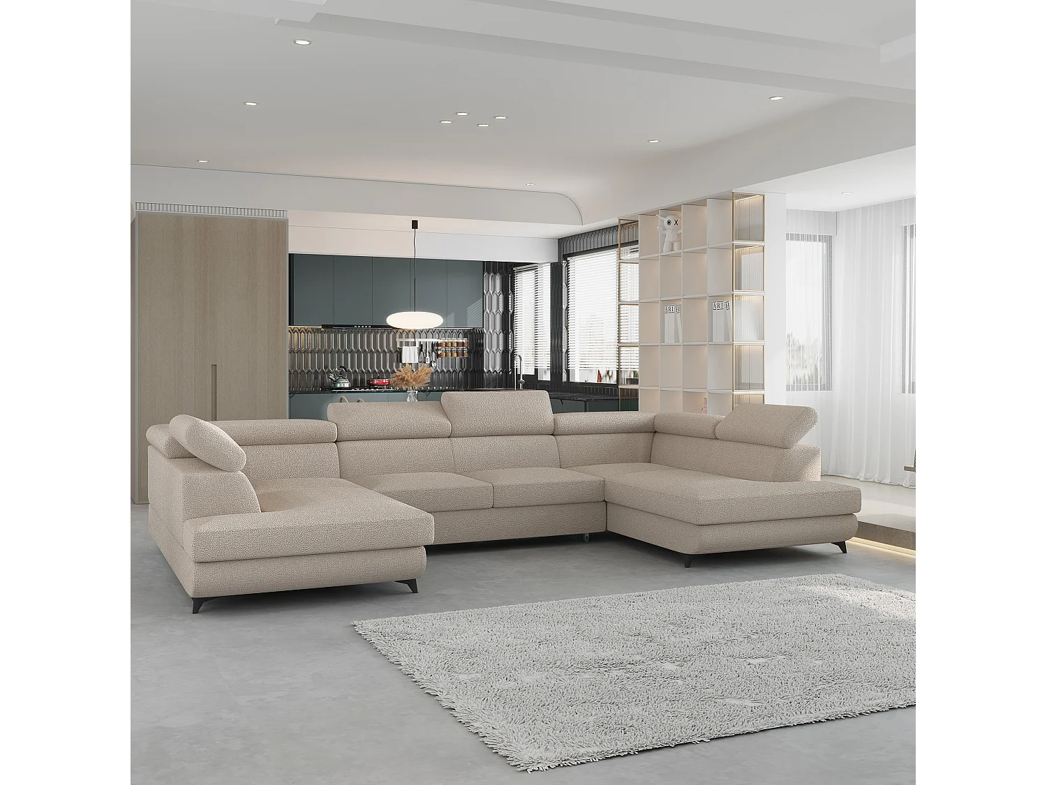 Canapé d'angle VINTESSA Beige en bouclé avec fonction de couchage