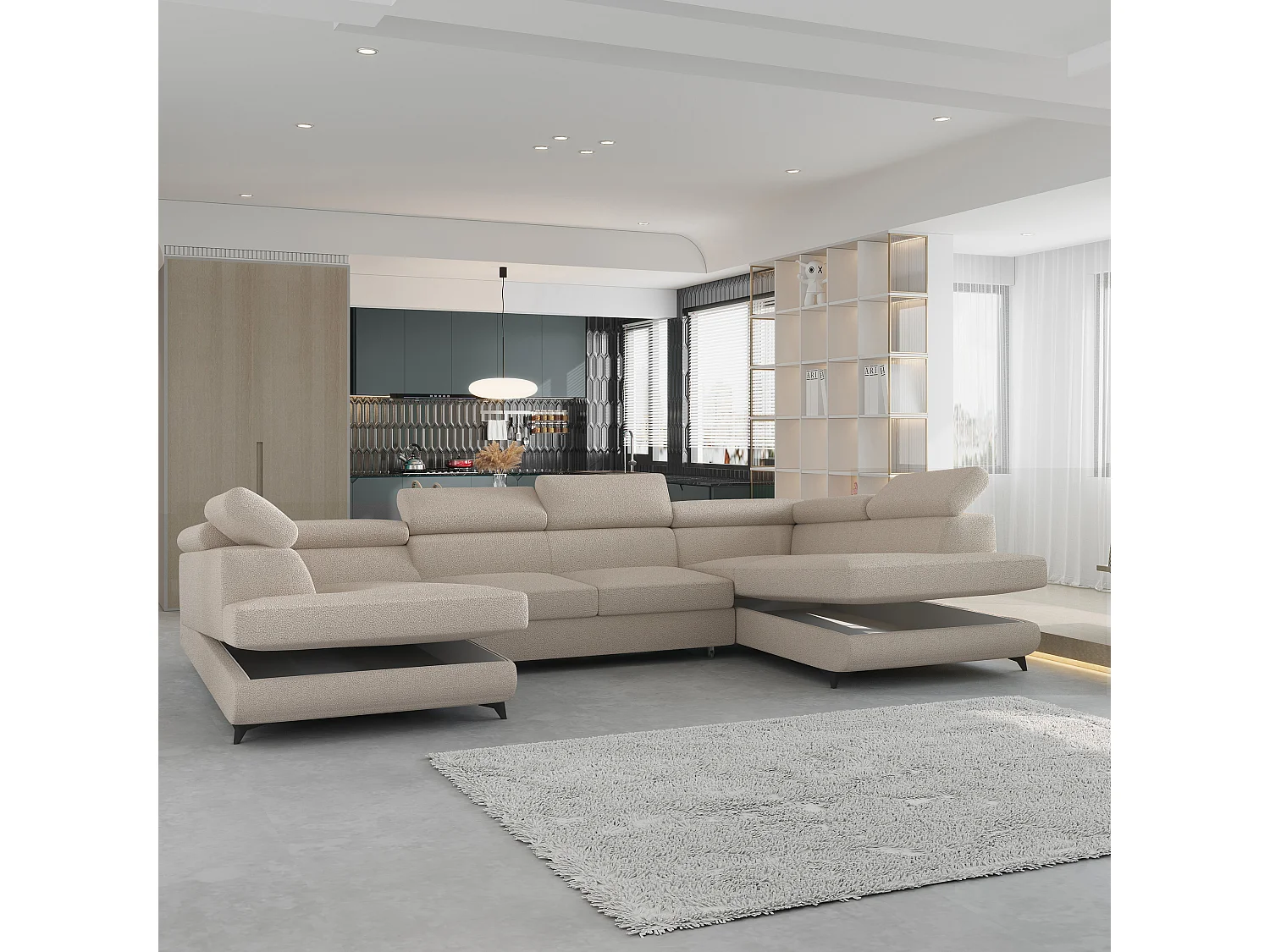 Canapé d'angle VINTESSA Beige en bouclé avec fonction de couchage