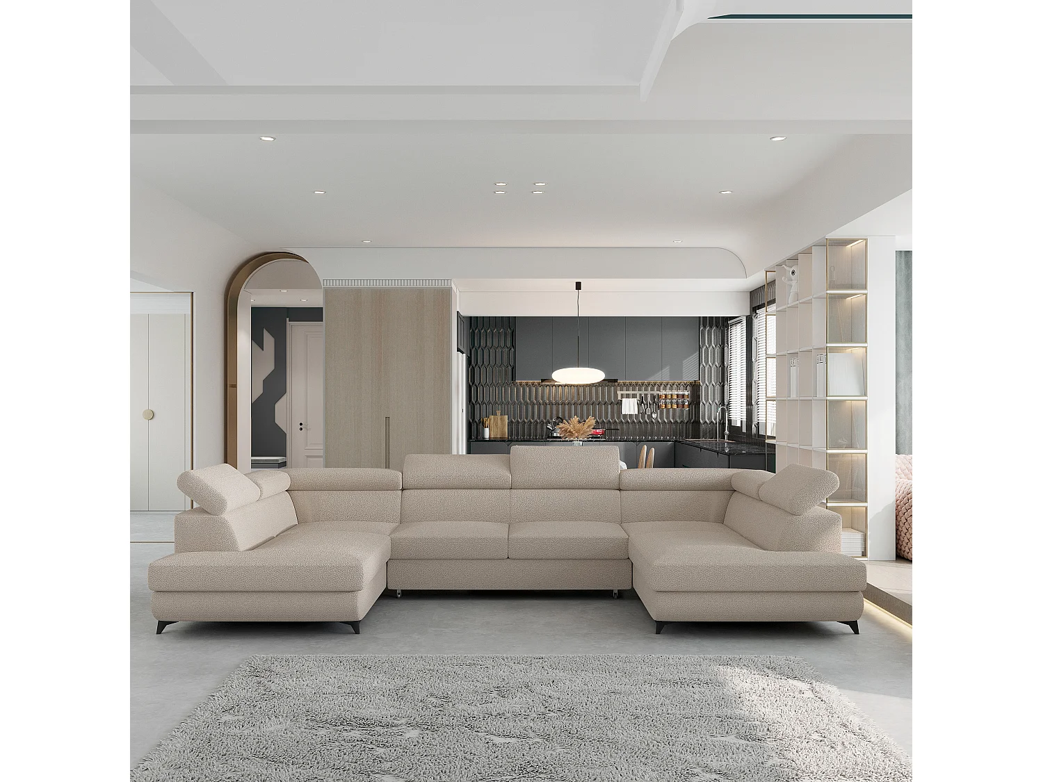 Canapé d'angle VINTESSA Beige en bouclé avec fonction de couchage