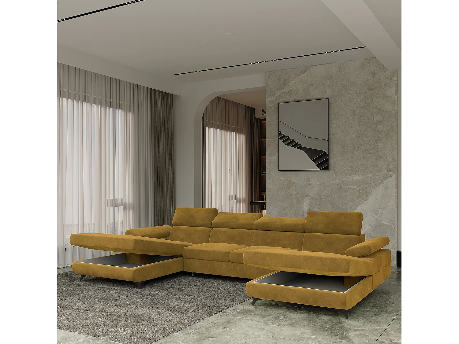 Canapé d'angle DETTI Jaune en velours avec fonction de couchage