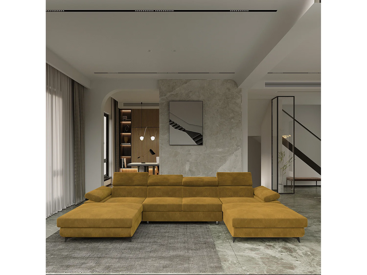 Canapé d'angle DETTI Jaune en velours avec fonction de couchage