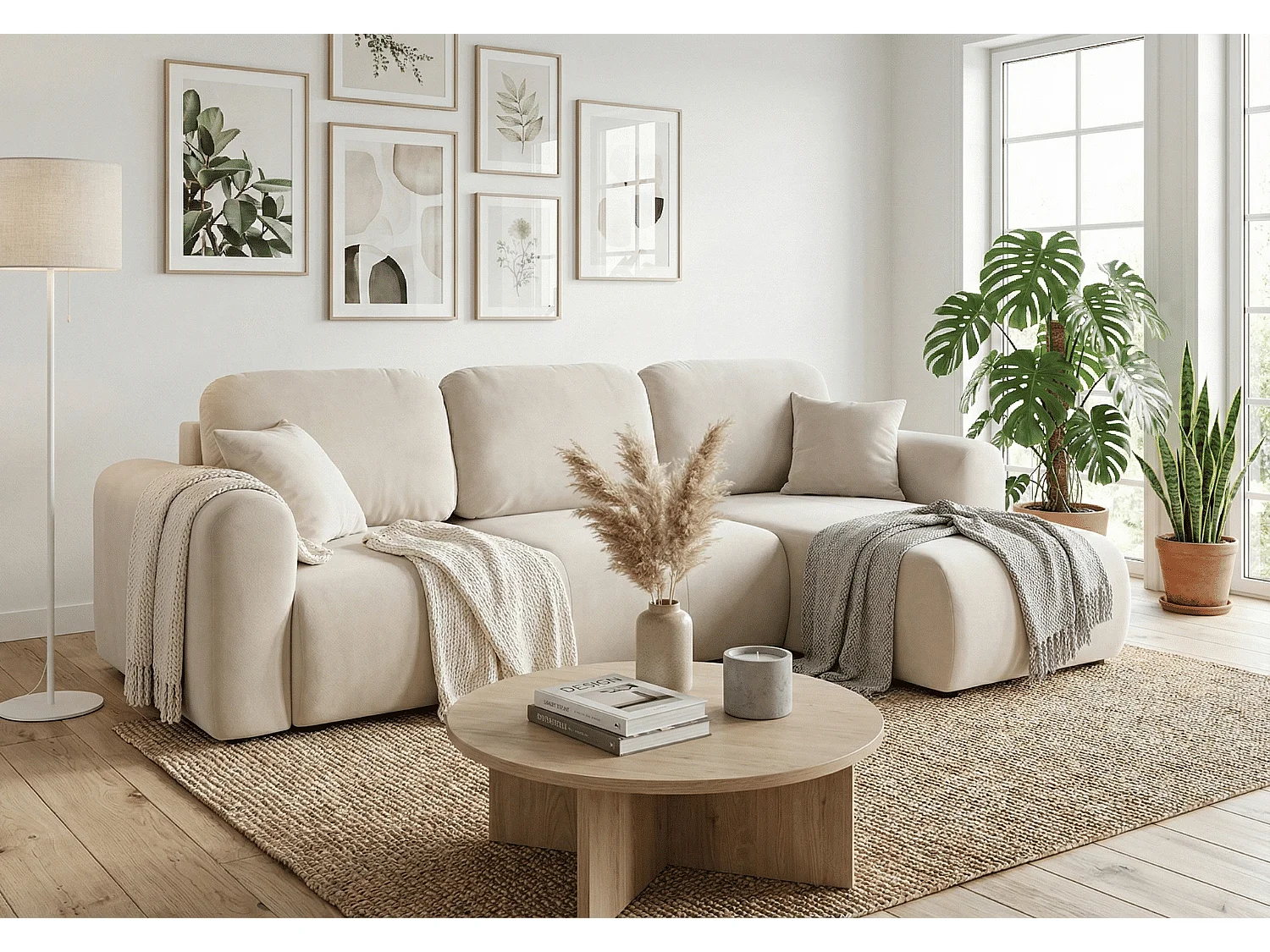 Canapé d’angle convertible élégant, version droite, BINGO L, 245 × 148 × 87 cm, en tissu Paros 1 beige