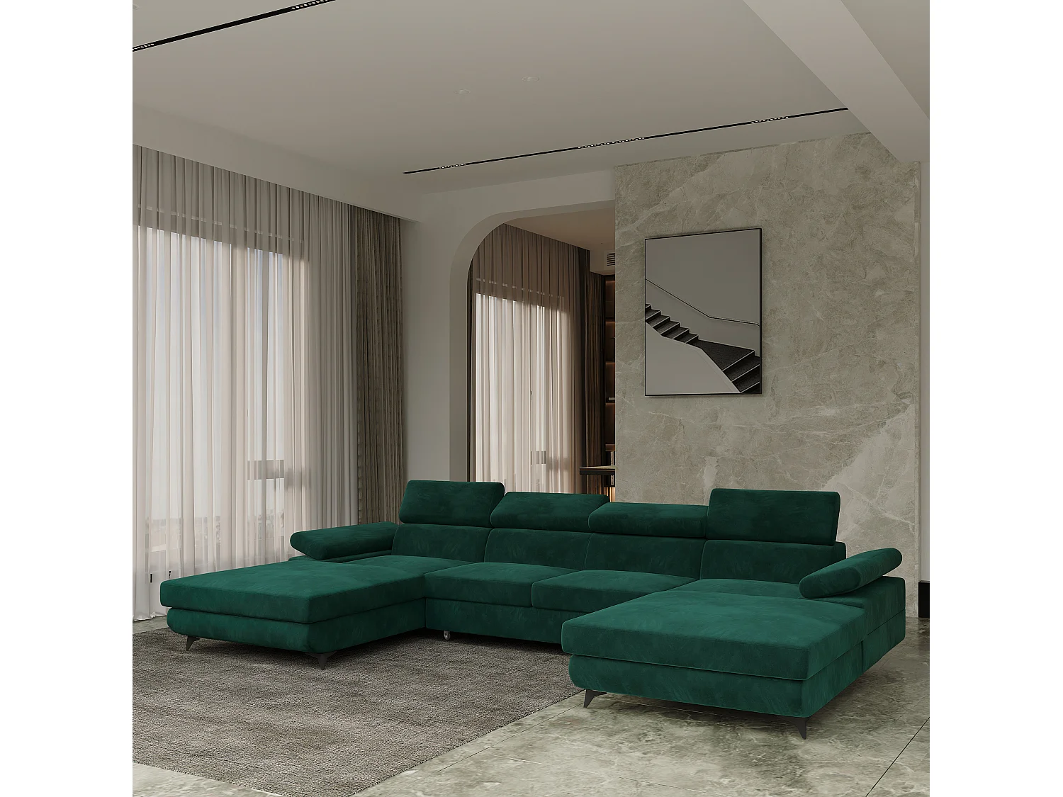 Canapé d'angle DETTI Vert en velours avec fonction de couchage