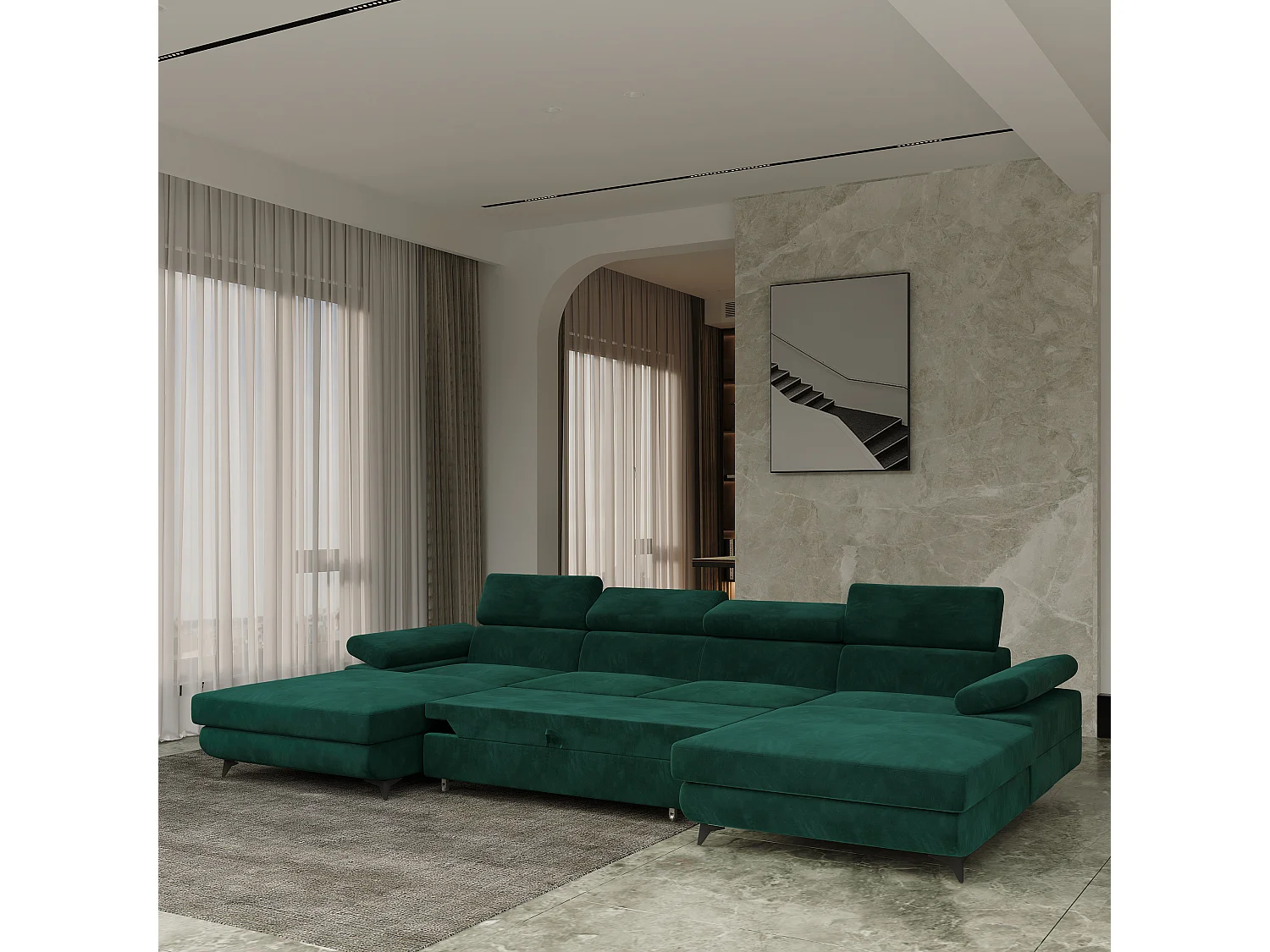 Canapé d'angle DETTI Vert en velours avec fonction de couchage