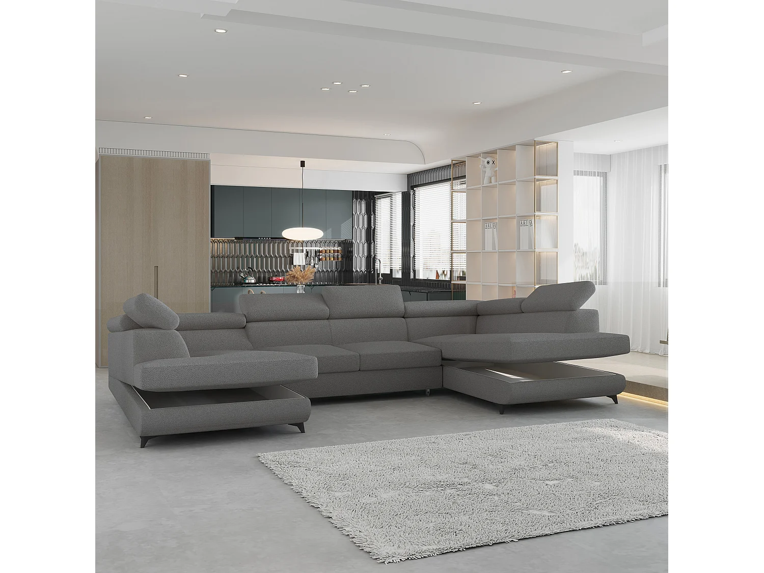 Canapé d'angle VINTESSA Gris en bouclé avec fonction de couchage