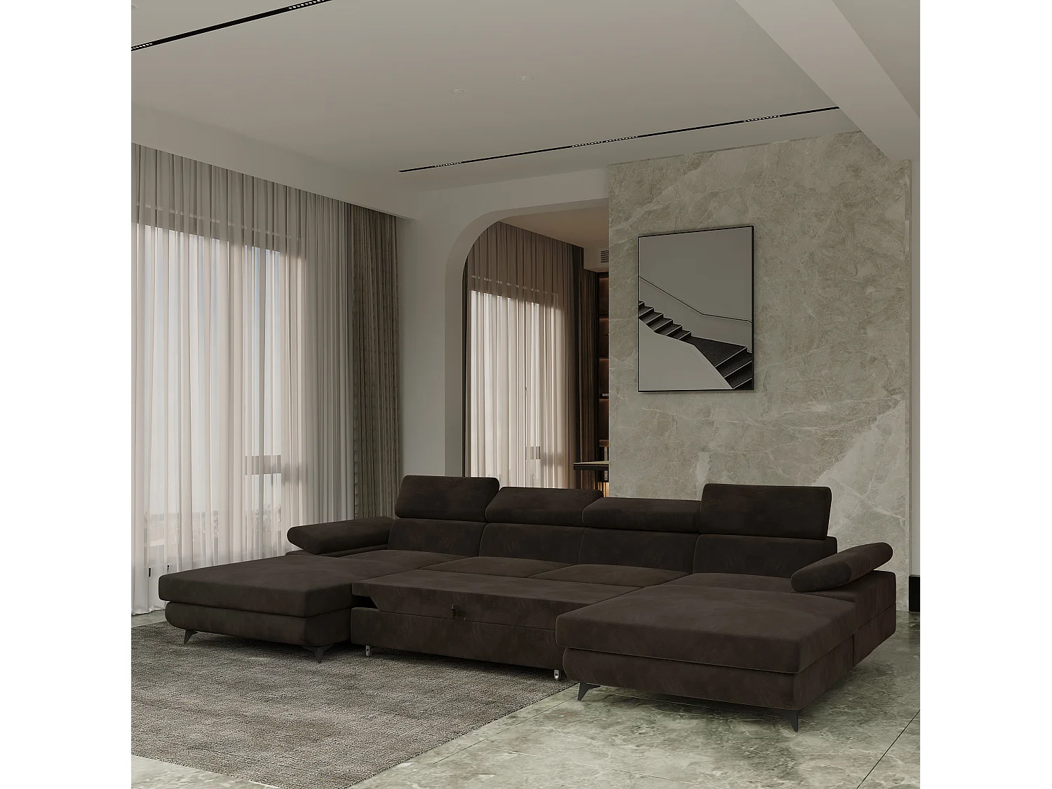 Hoekbank DETTI van fluweel met slaapfunctie Braun