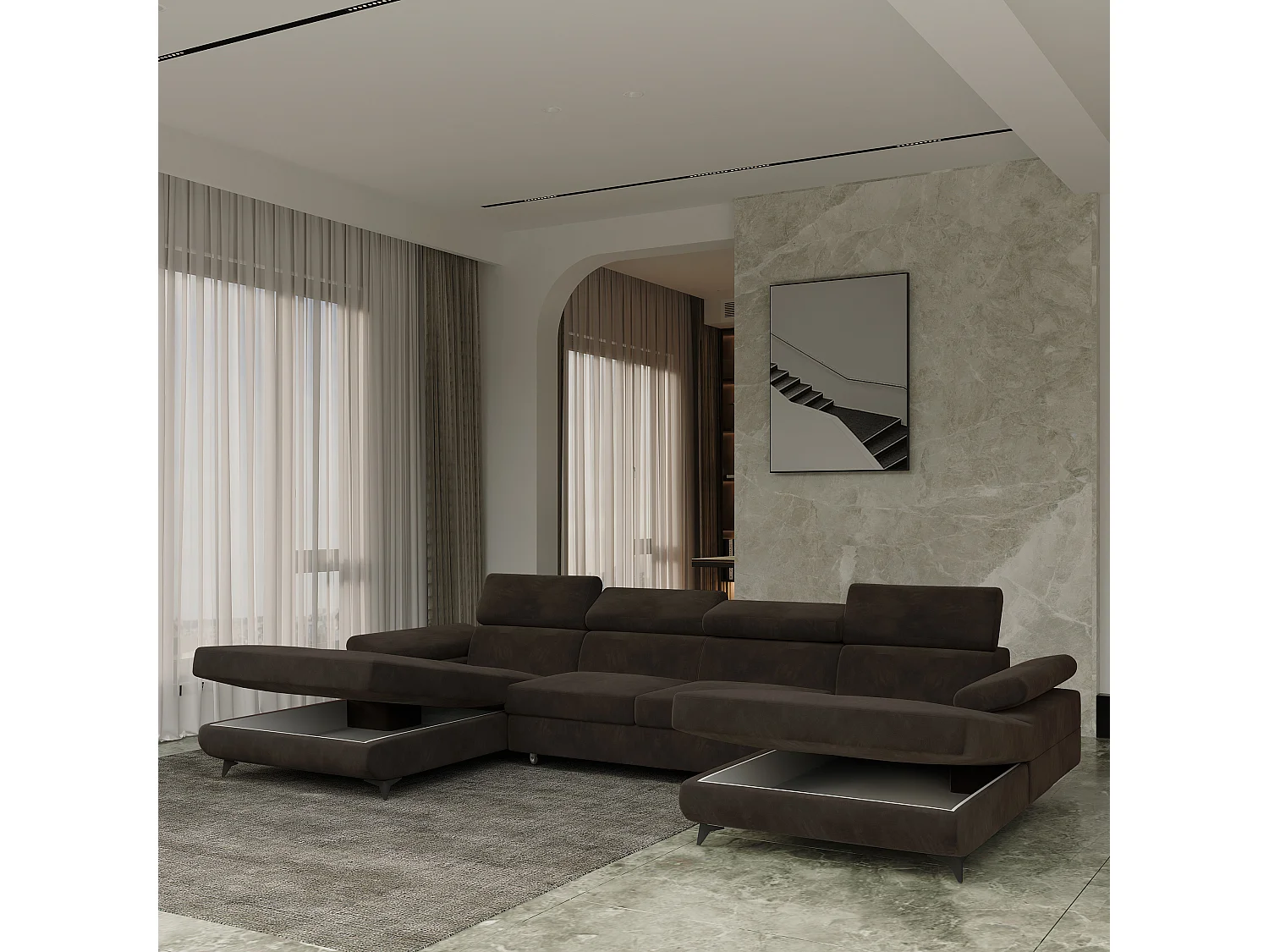 Canapé d'angle DETTI Marron en velours avec fonction de couchage