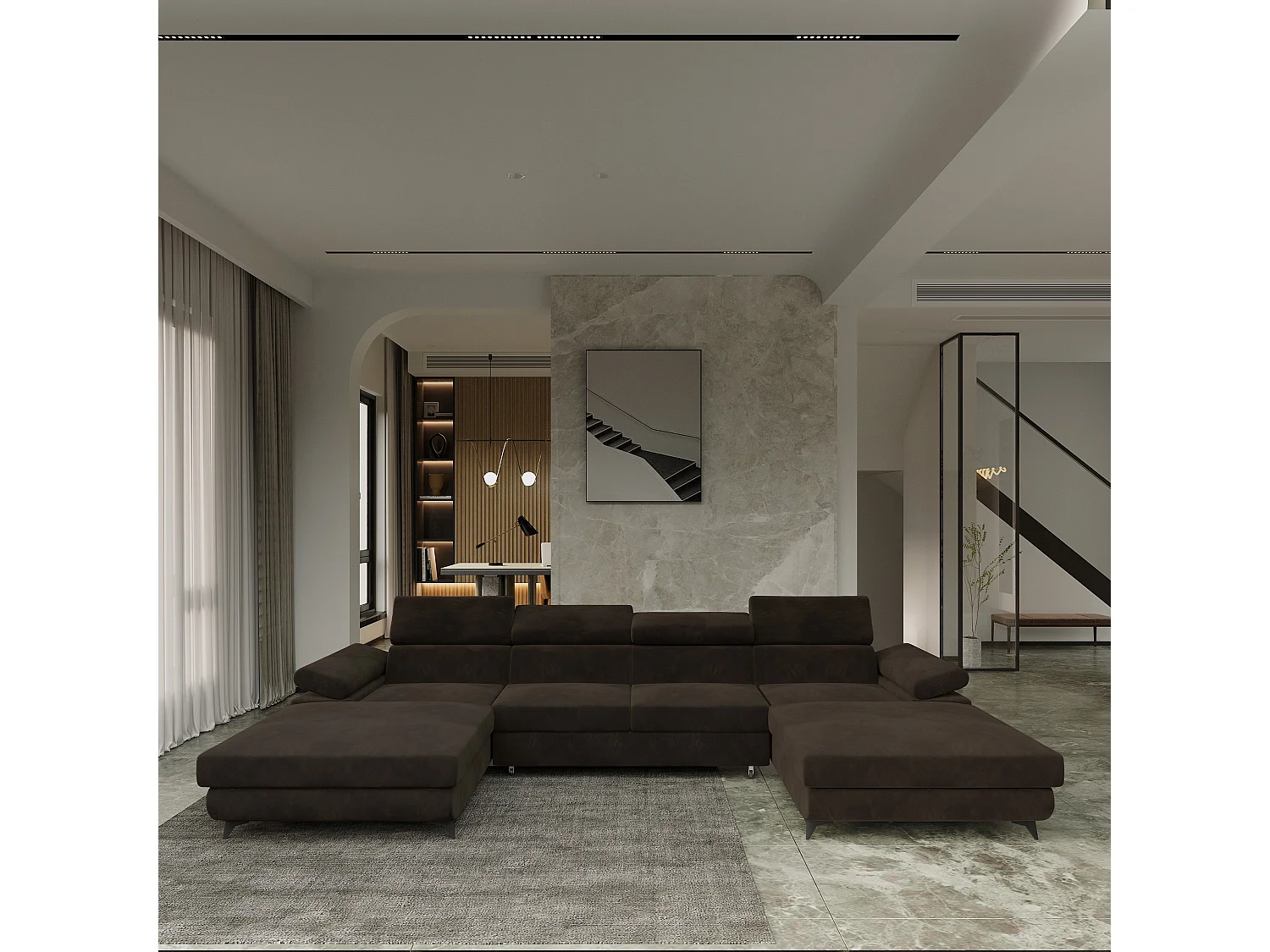 Canapé d'angle DETTI Marron en velours avec fonction de couchage