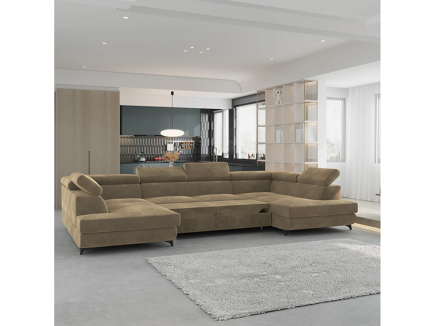 Hoekbank VINTESSA van fluweel met slaapfunctie Beige