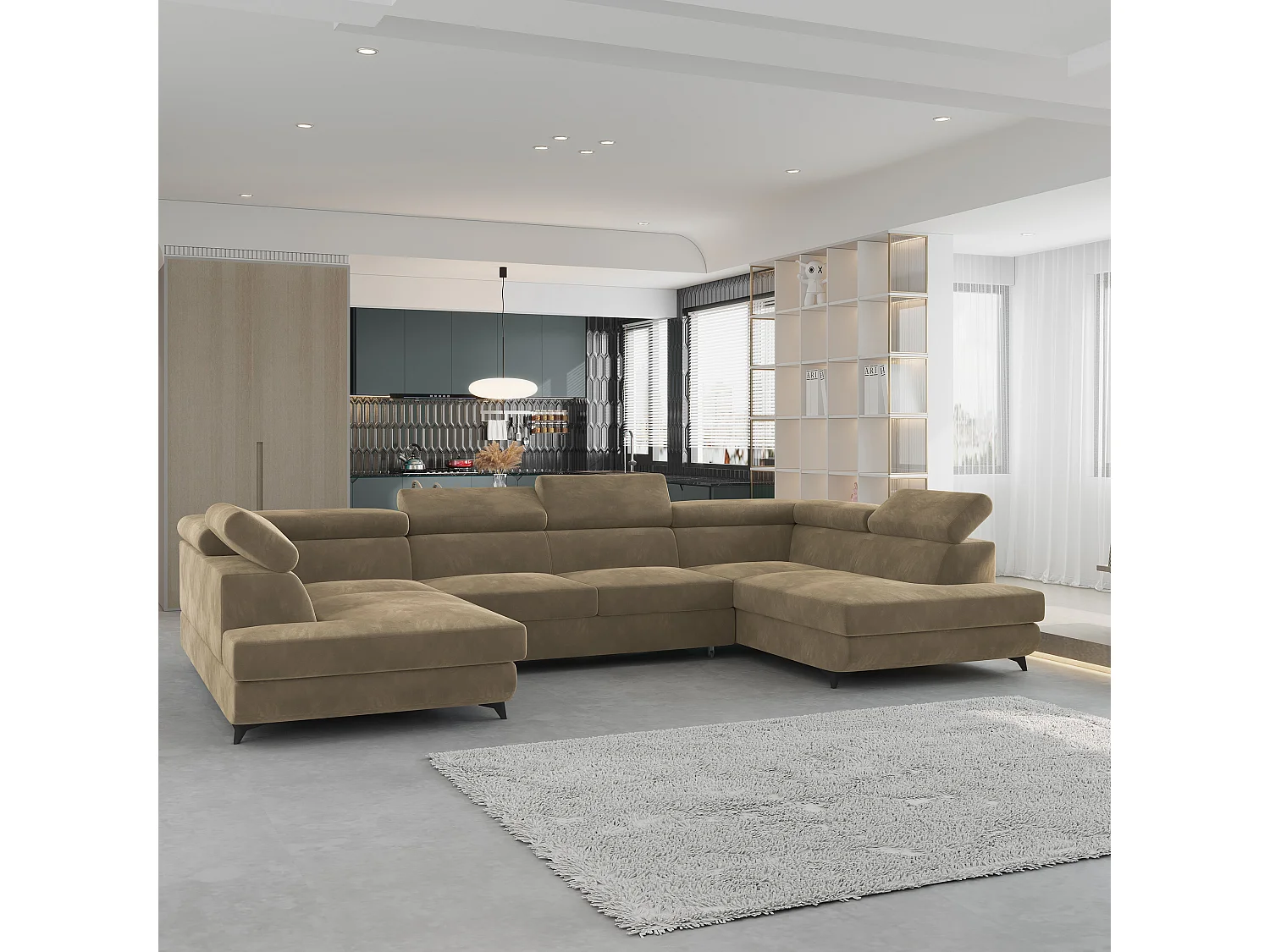 Canapé d'angle VINTESSA Beige en velours avec fonction de couchage