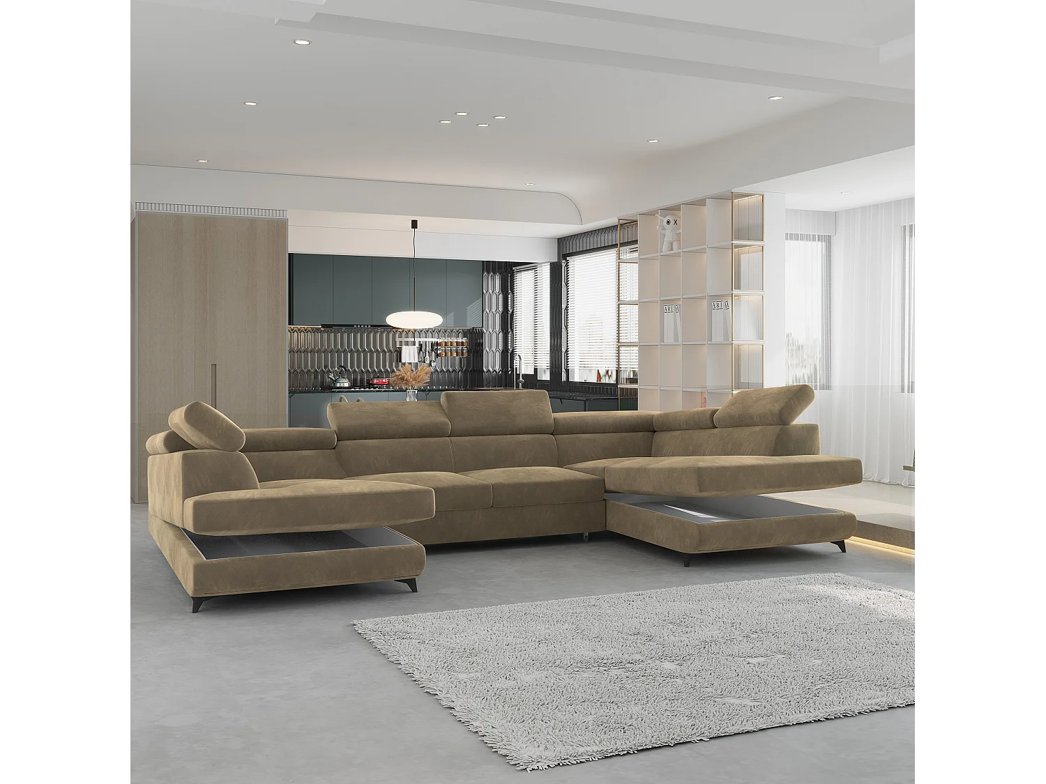 Canapé d'angle VINTESSA Beige en velours avec fonction de couchage