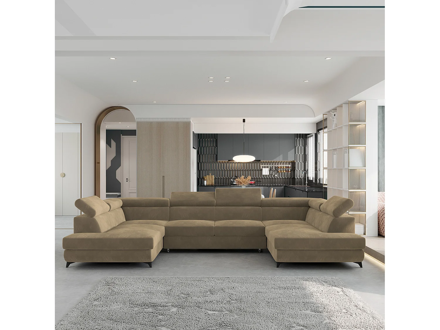 Canapé d'angle VINTESSA Beige en velours avec fonction de couchage