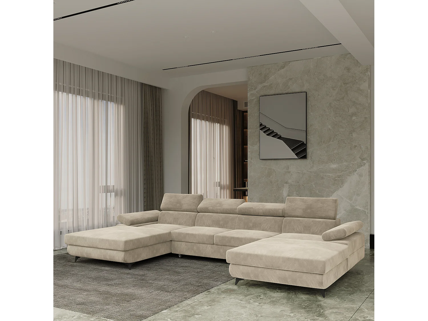 Canapé d'angle DETTI Crème en velours avec fonction de couchage