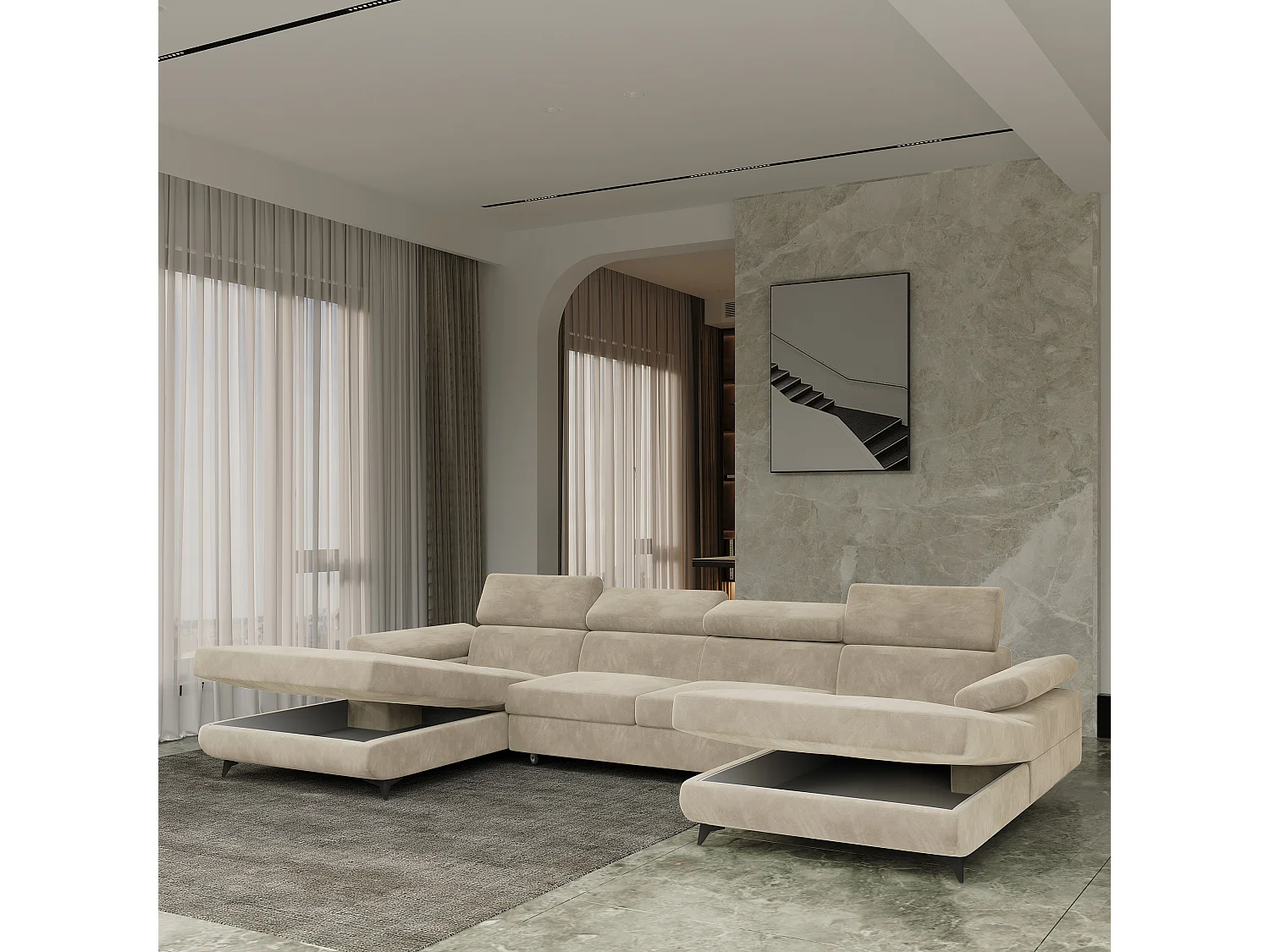 Canapé d'angle DETTI Crème en velours avec fonction de couchage