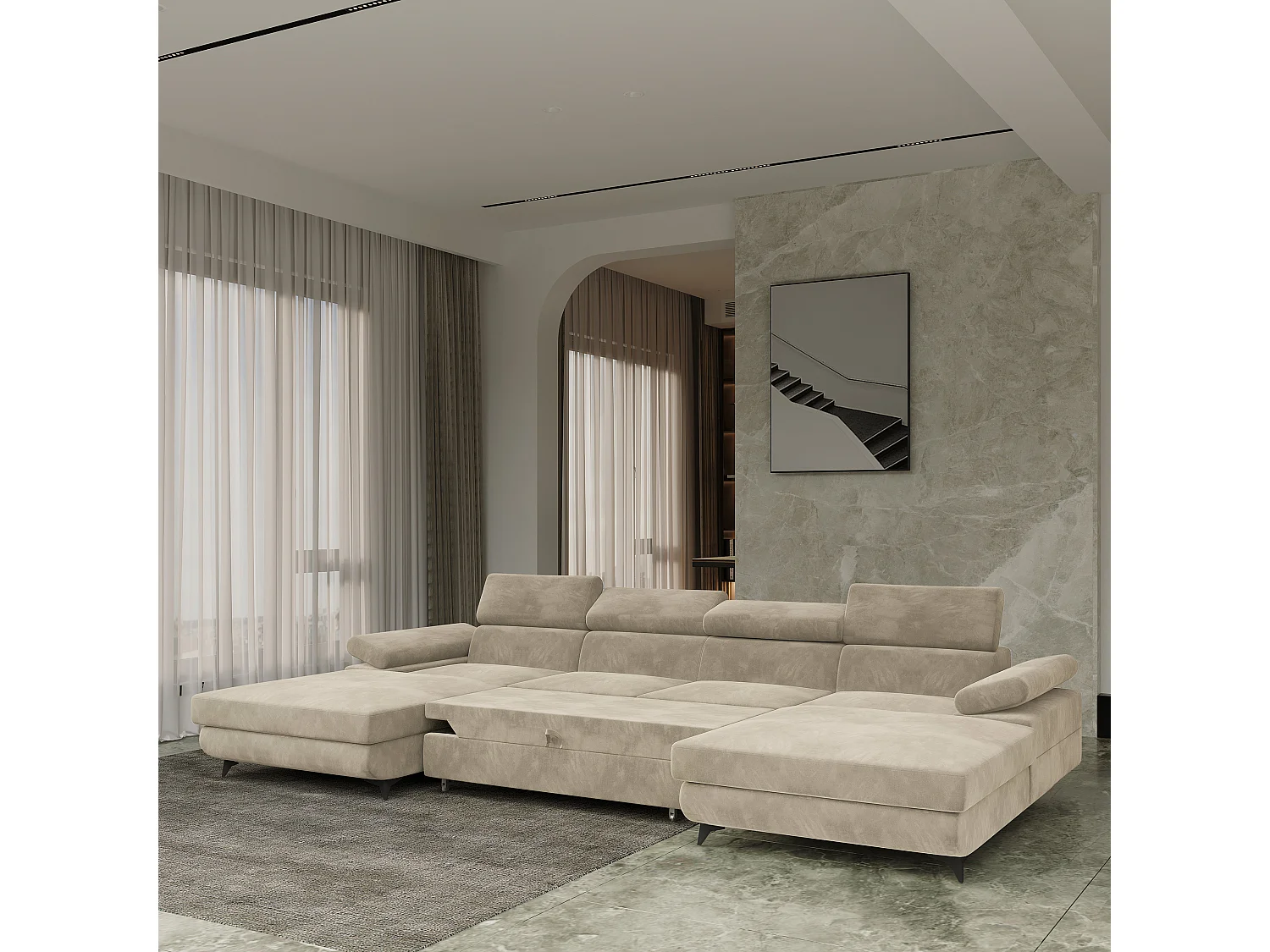 Canapé d'angle DETTI Crème en velours avec fonction de couchage