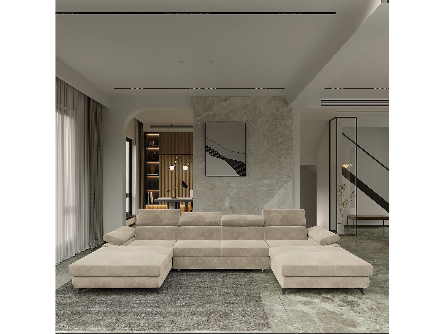 Canapé d'angle DETTI Crème en velours avec fonction de couchage