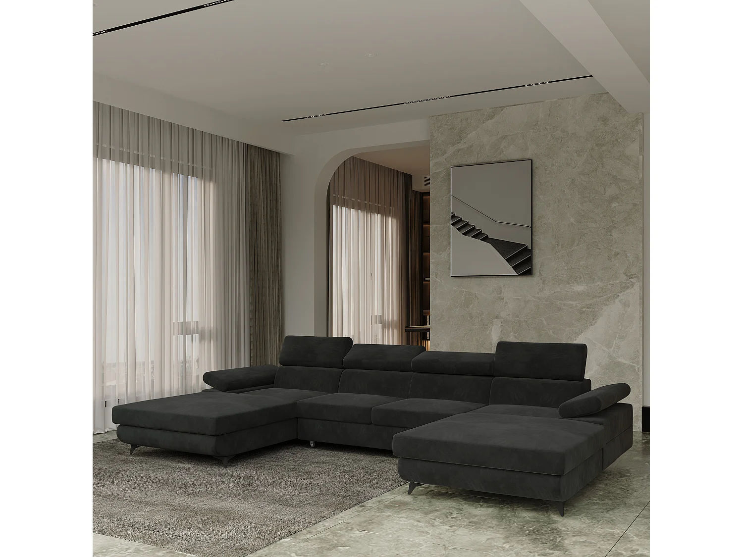 Canapé d'angle DETTI Noir en velours avec fonction de couchage