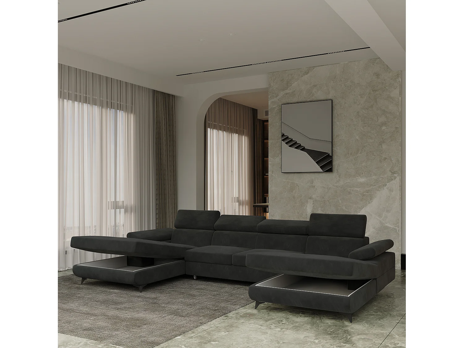 Canapé d'angle DETTI Noir en velours avec fonction de couchage