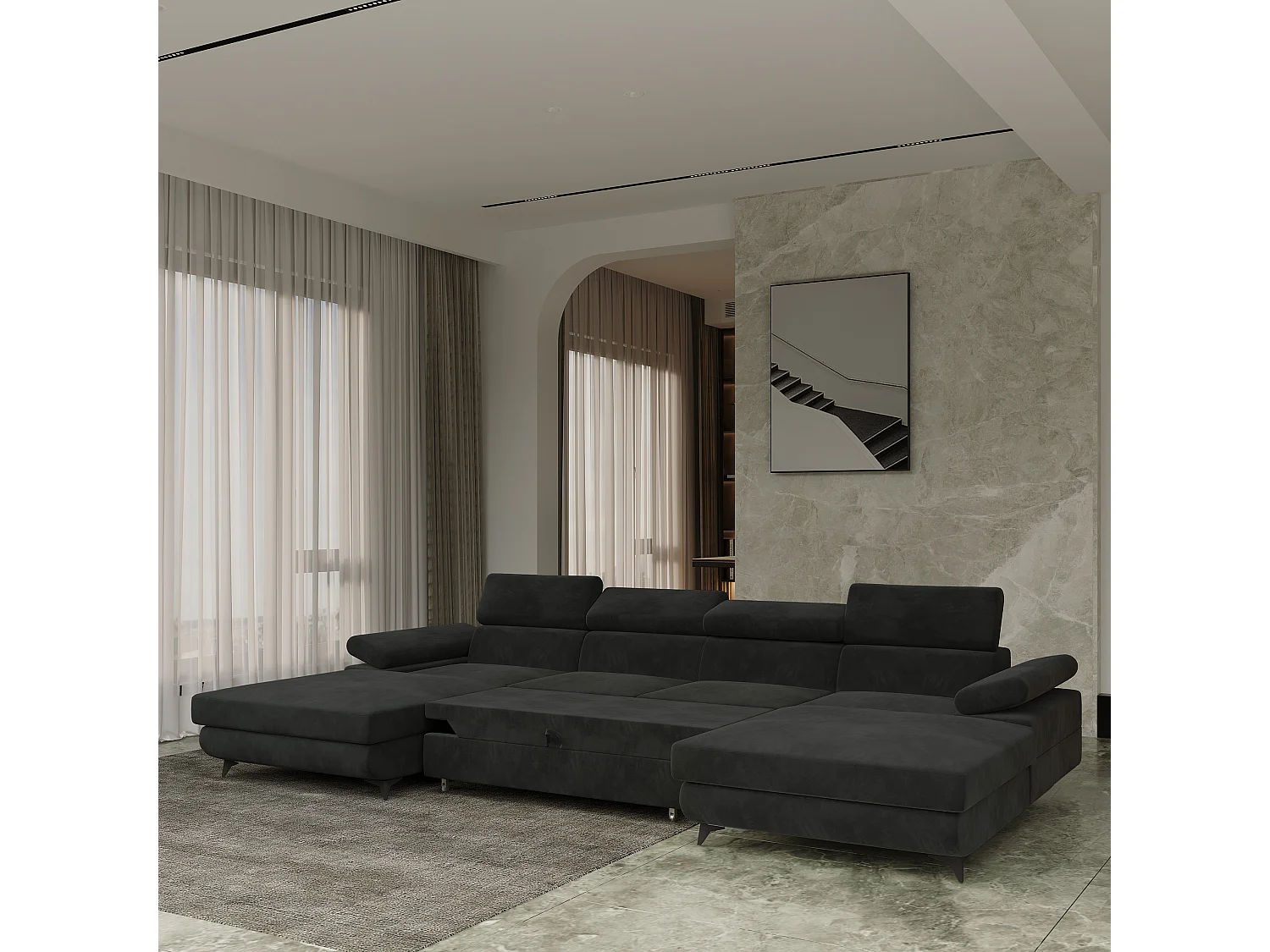 Canapé d'angle DETTI Noir en velours avec fonction de couchage