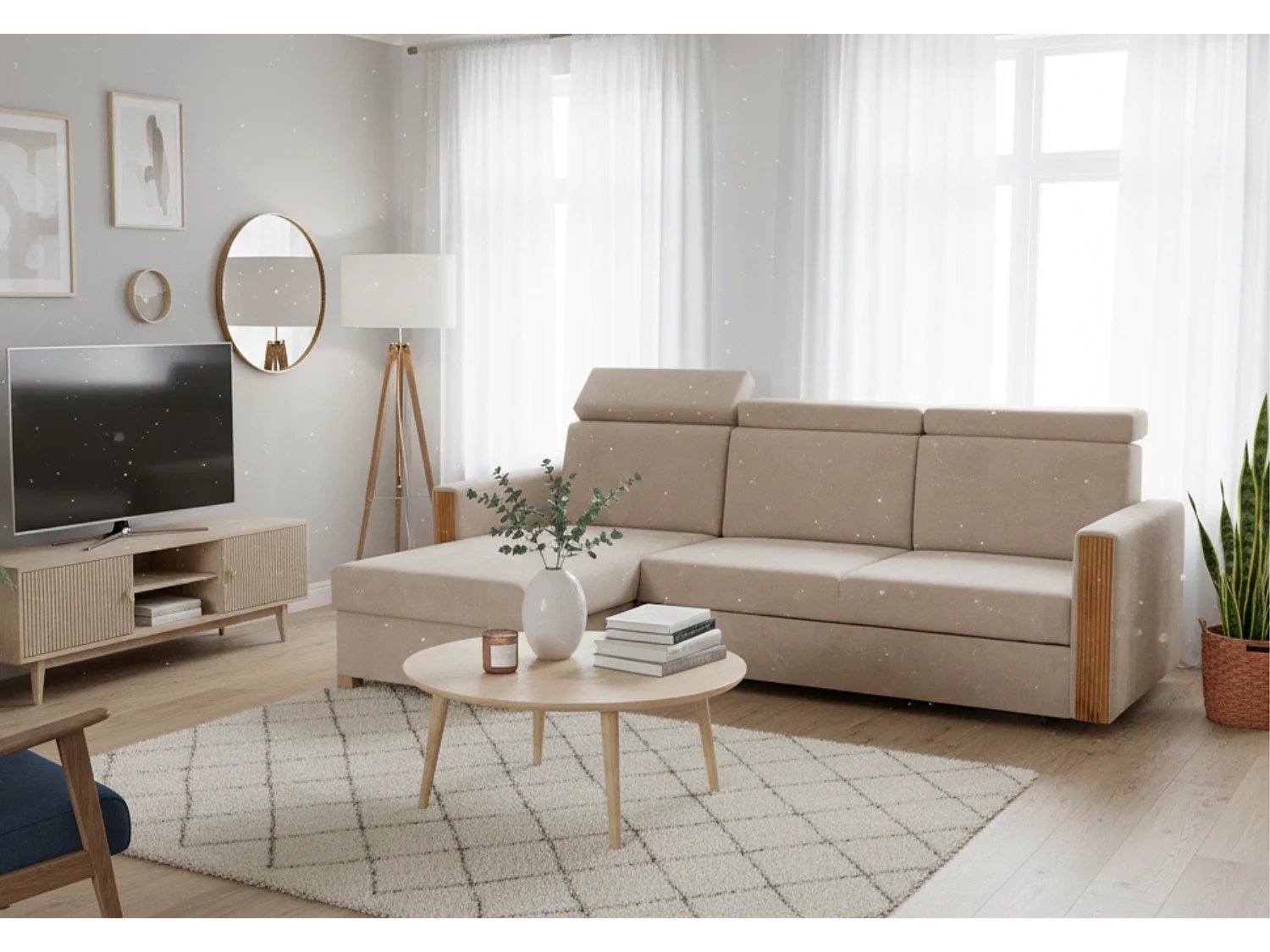 Canapé d’angle convertible gauche TANIA 261x160x103 cm en tissu GERRA 80 beige