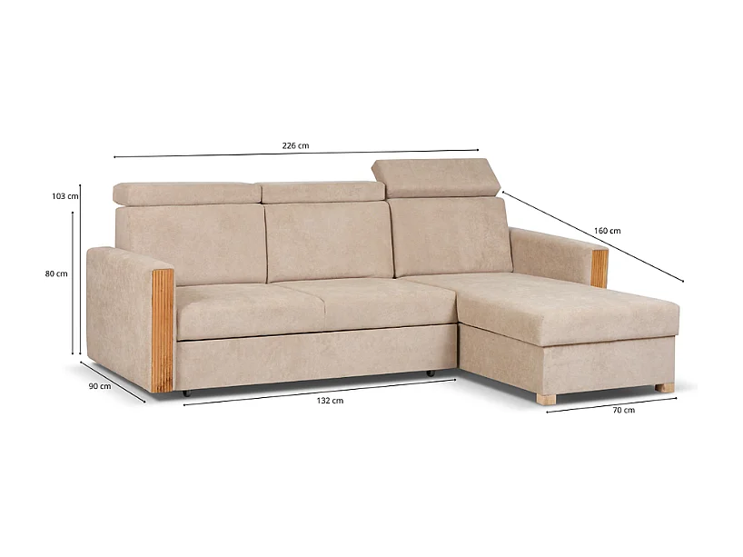 Canapé d’angle convertible gauche TANIA 261x160x103 cm en tissu GERRA 80 beige