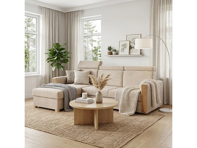 Canapé d’angle convertible gauche TANIA 261x160x103 cm en tissu GERRA 80 beige