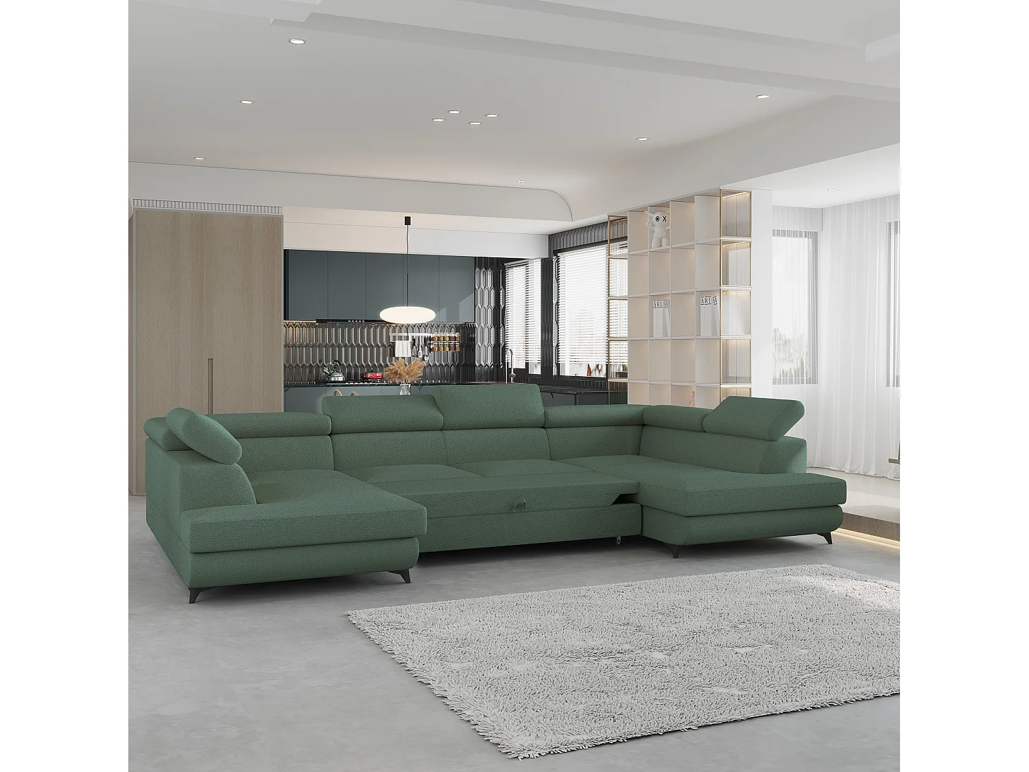 Hoekbank VINTESSA van fluweel met slaapfunctie Grün