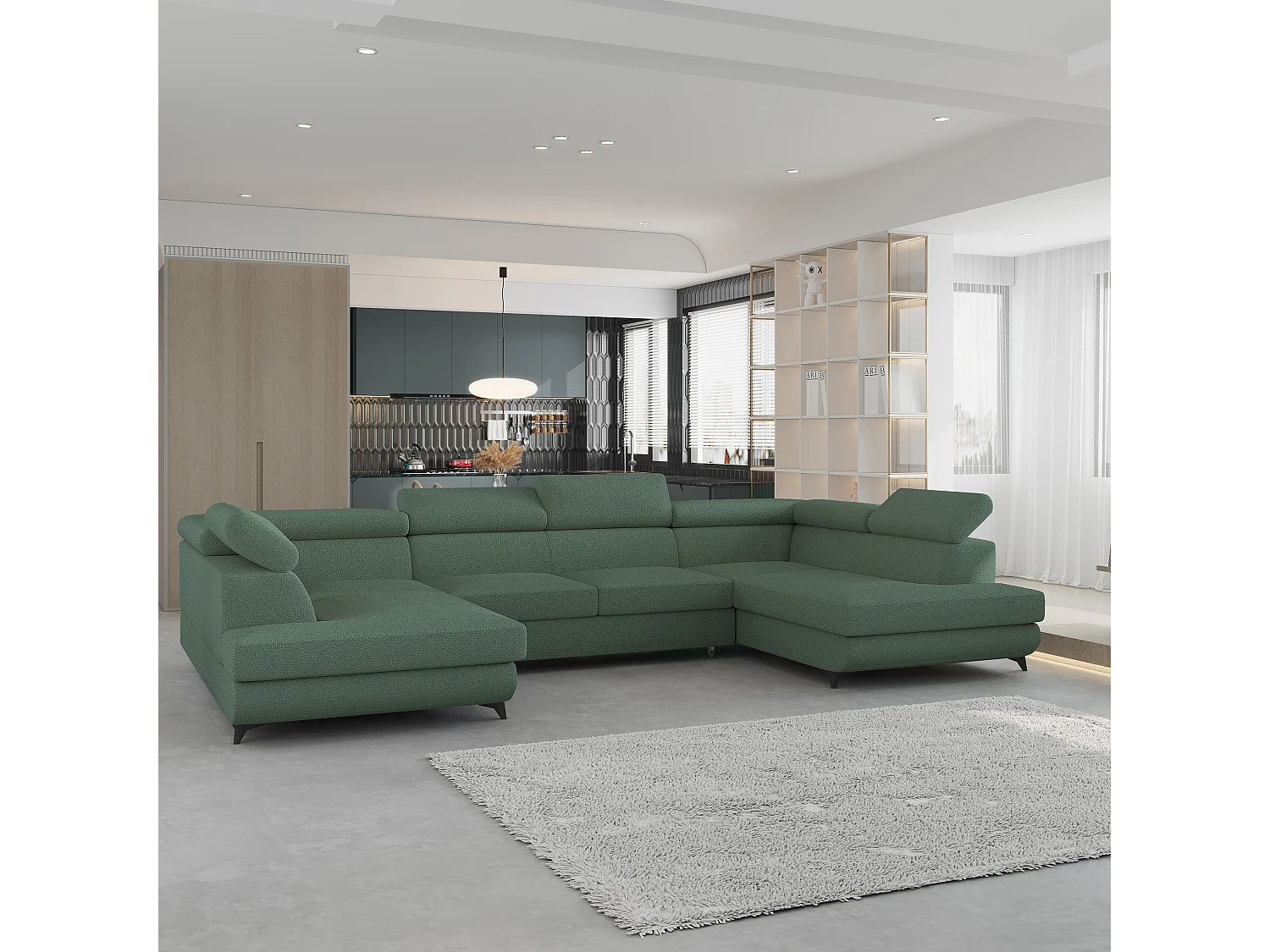 Canapé d'angle VINTESSA Vert en bouclé avec fonction de couchage