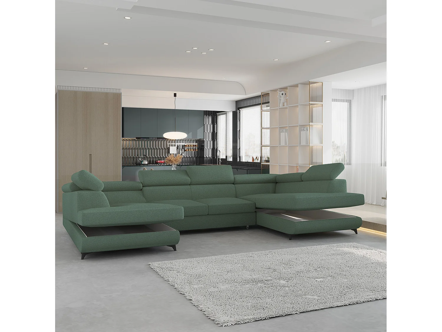 Canapé d'angle VINTESSA Vert en bouclé avec fonction de couchage