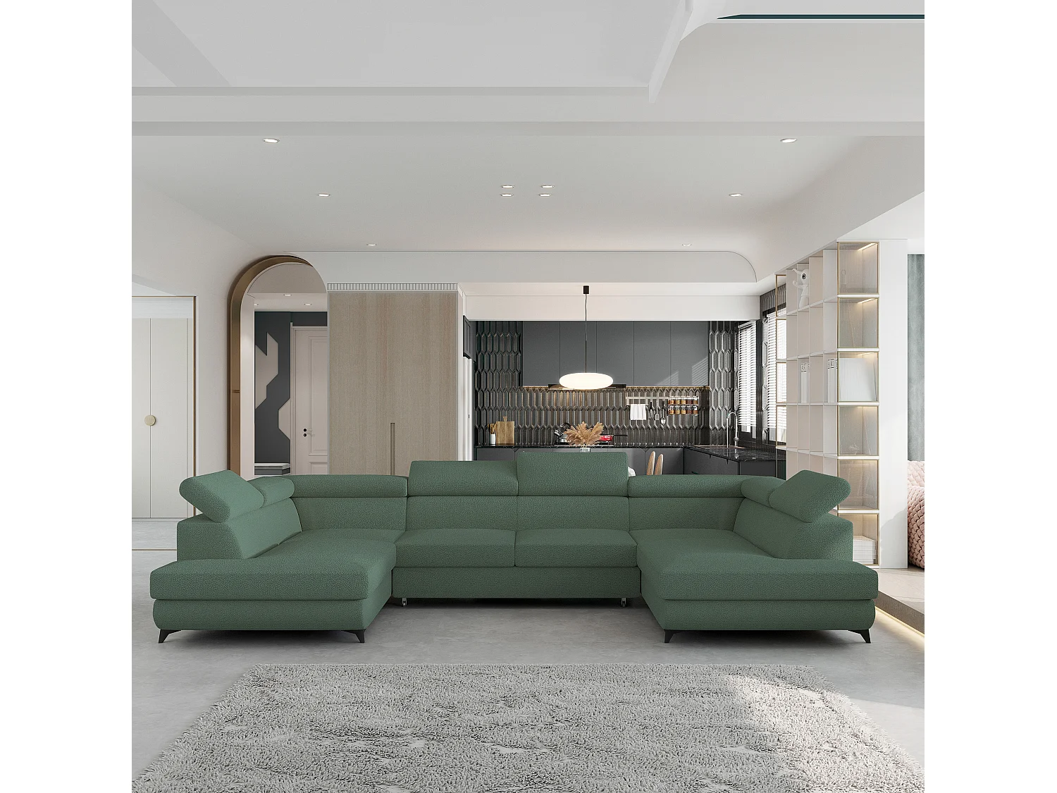 Canapé d'angle VINTESSA Vert en bouclé avec fonction de couchage