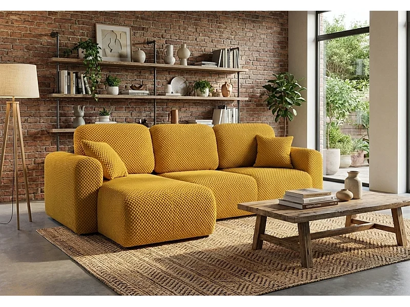 Canapé d’angle convertible élégant, version gauche, BINGO L, 245 × 148 × 87 cm, en tissu Pop 7 orange