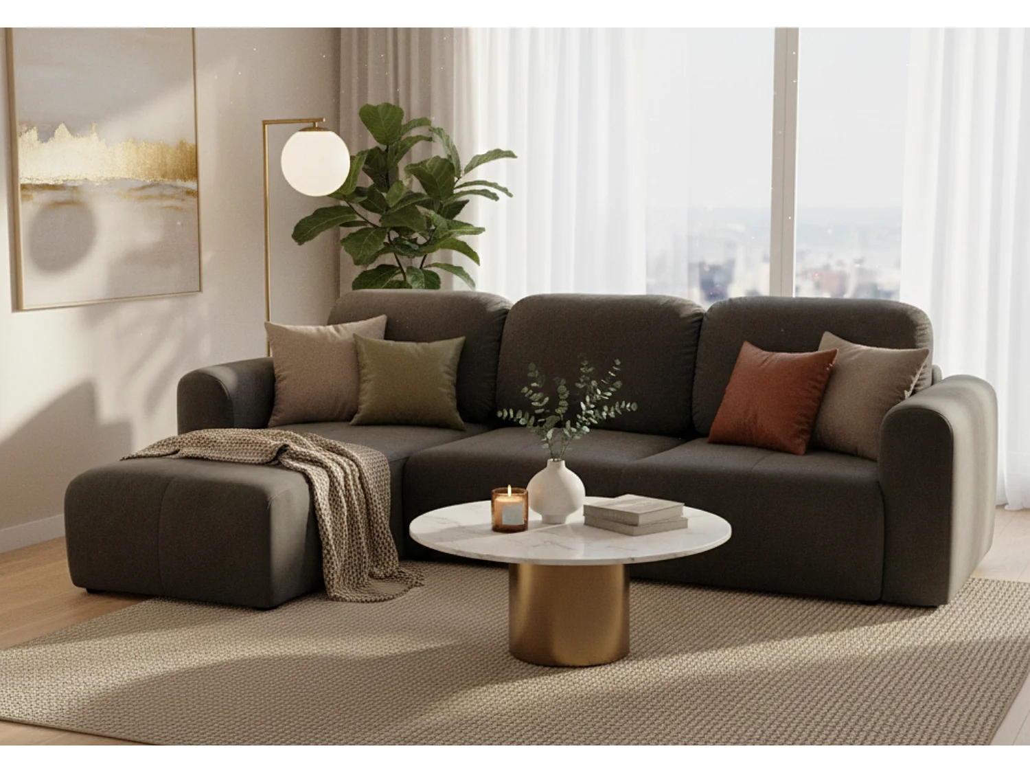 Canapé d’angle convertible élégant, version gauche, BINGO L, 245 × 148 × 87 cm, en tissu Kronos 34 gris