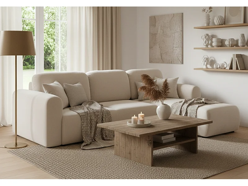 Canapé d’angle convertible élégant, version gauche, BINGO L, 245 × 148 × 87 cm, en tissu Paros 1 beige