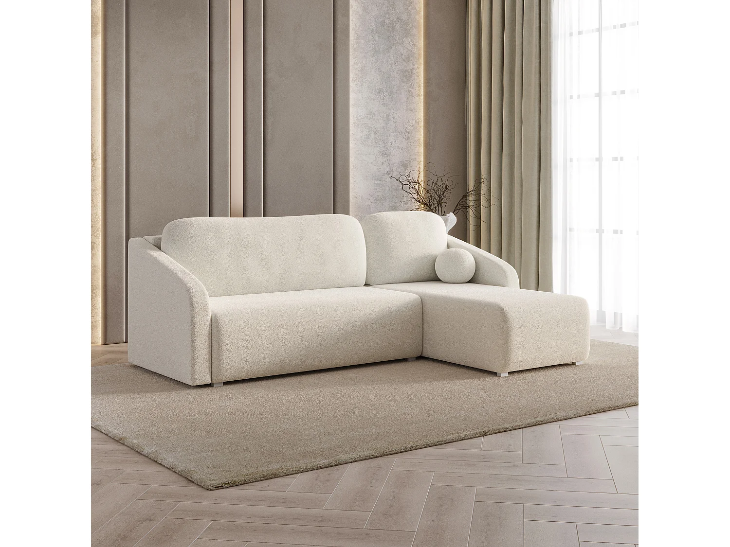 Hoekbank MARELLO van fluweel met slaapfunctie Creme