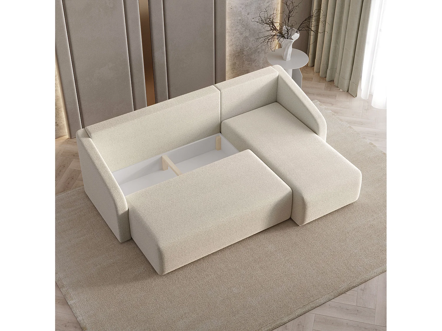 Hoekbank MARELLO van fluweel met slaapfunctie Creme