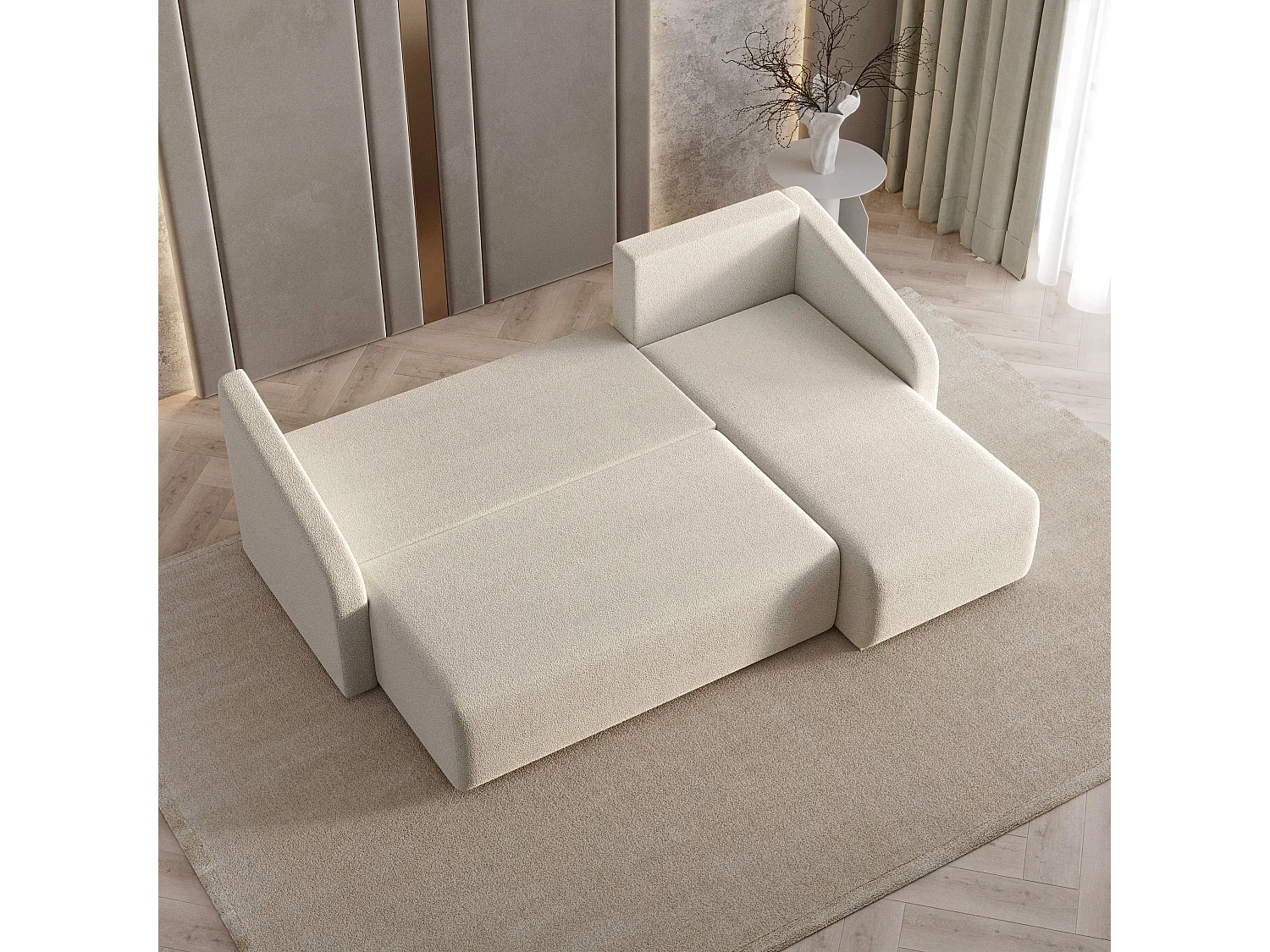 Hoekbank MARELLO van fluweel met slaapfunctie Creme