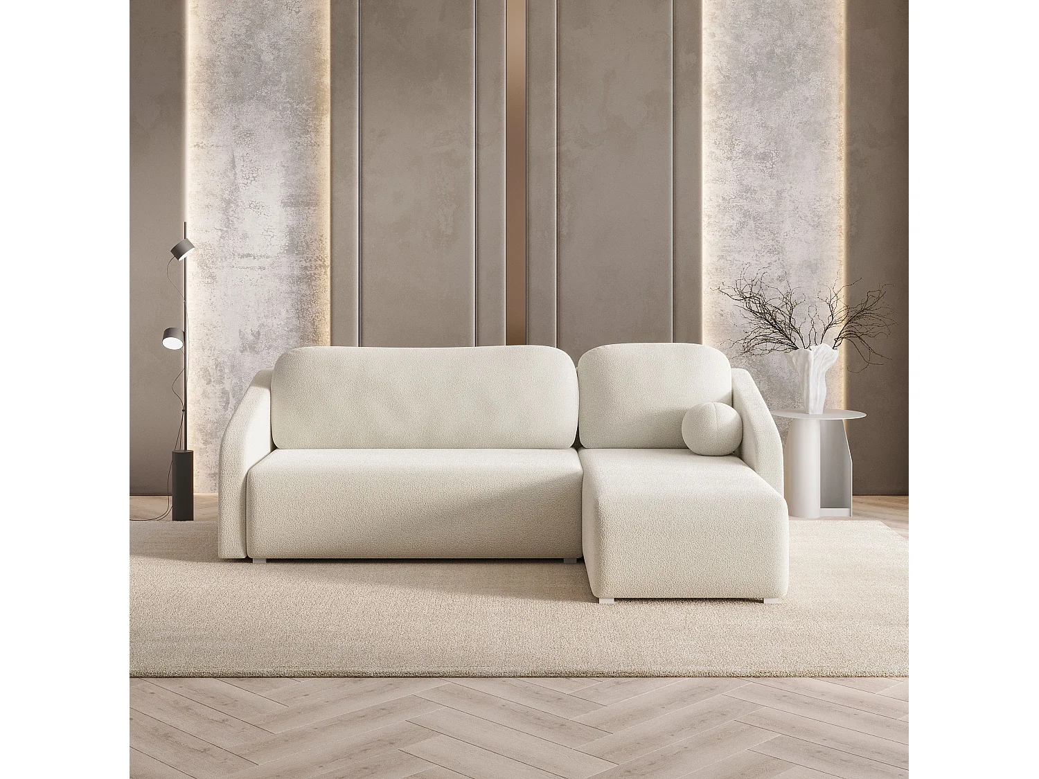 Hoekbank MARELLO van fluweel met slaapfunctie Creme